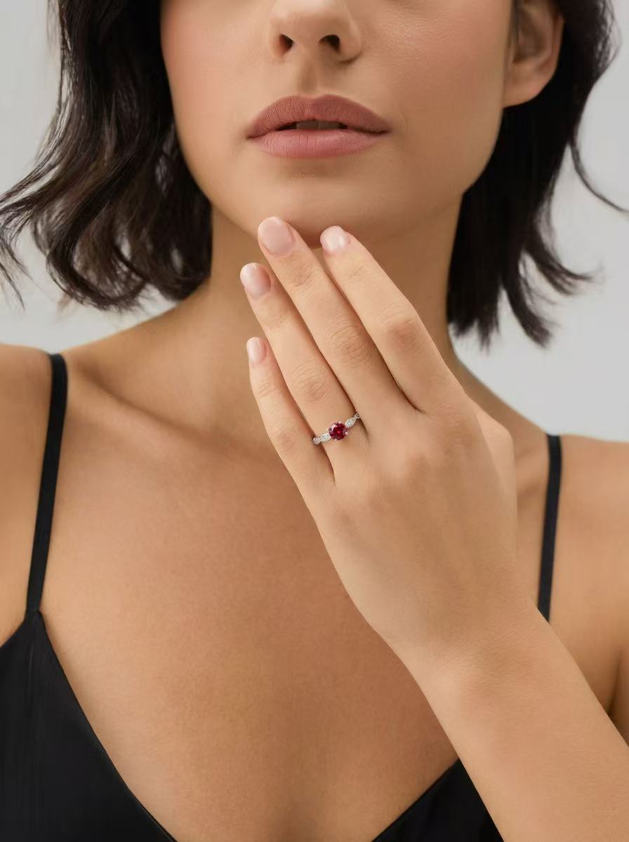 Round Brilliant Cut Ruby Ring - Floral Elegance