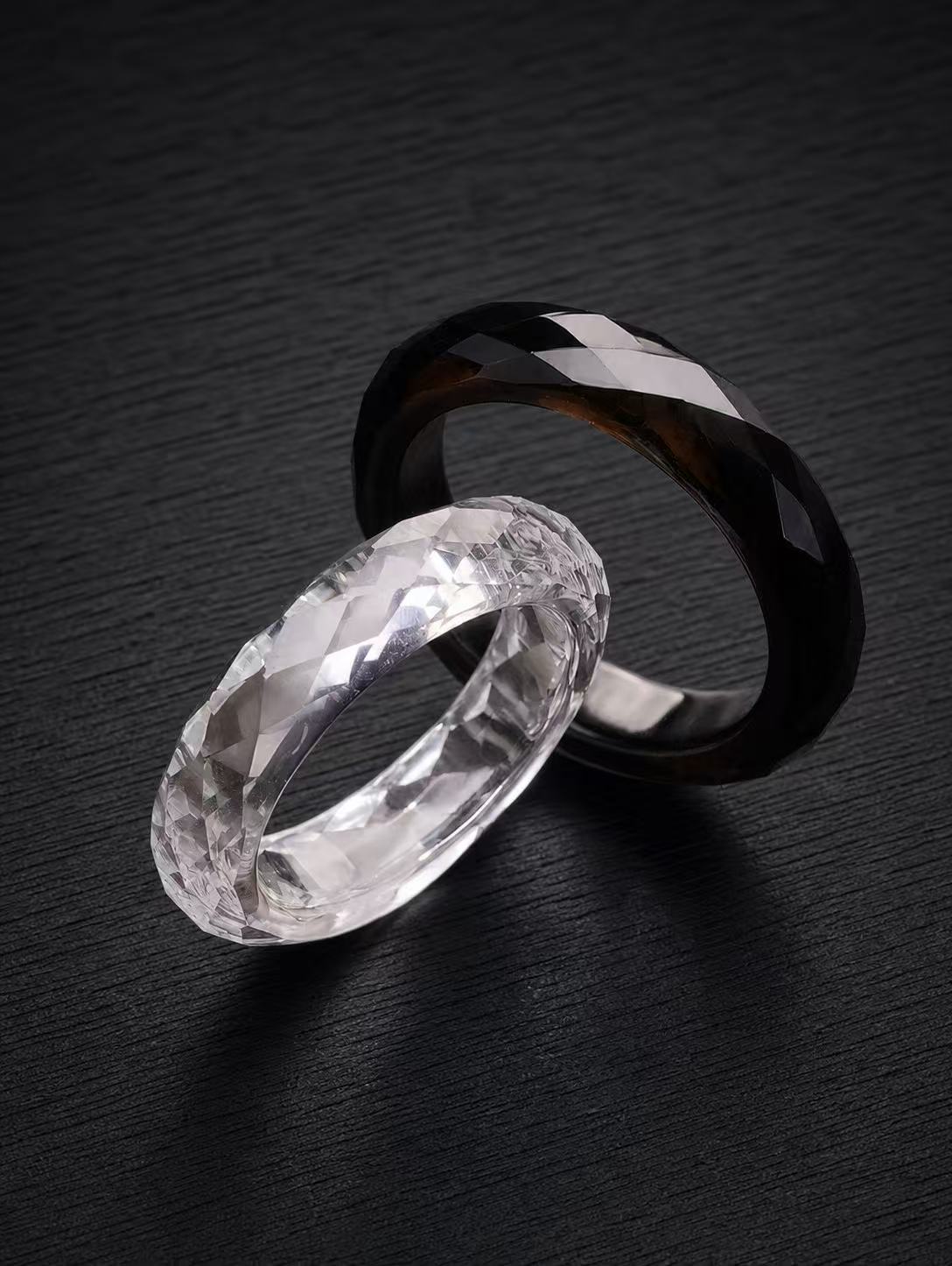 White Sapphire+Obsidian-360-Degree Faceted Rings