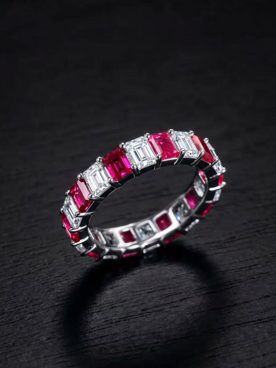 Ruby+White Sapphire-Emerald Brilliant Ring-Enchanted Gem Duet