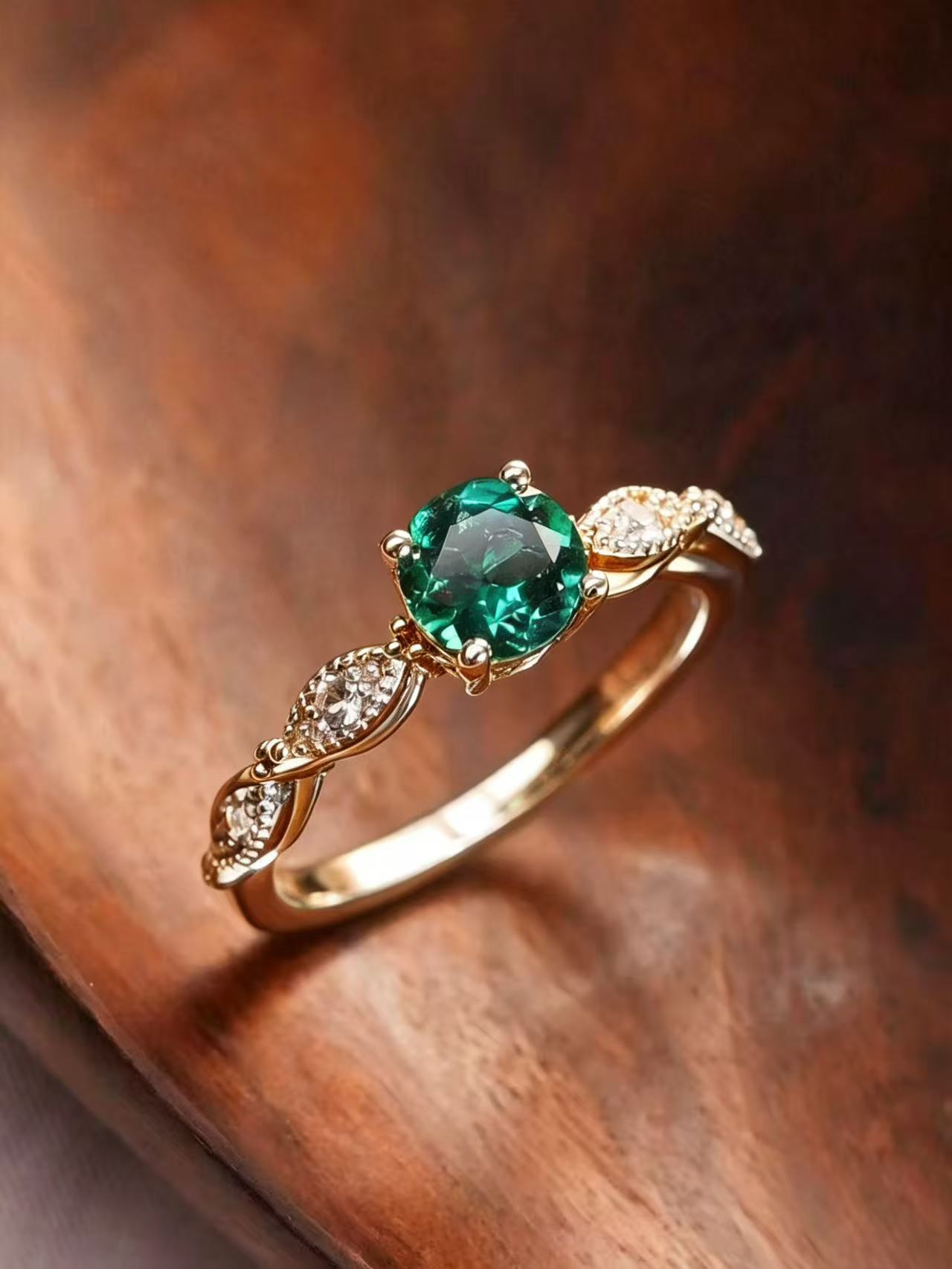 Round Brilliant Cut Emerald Ring - Floral Elegance