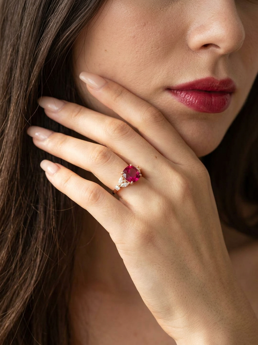 Cushion Brilliant Cut Ruby Ring - Scarlet Spray