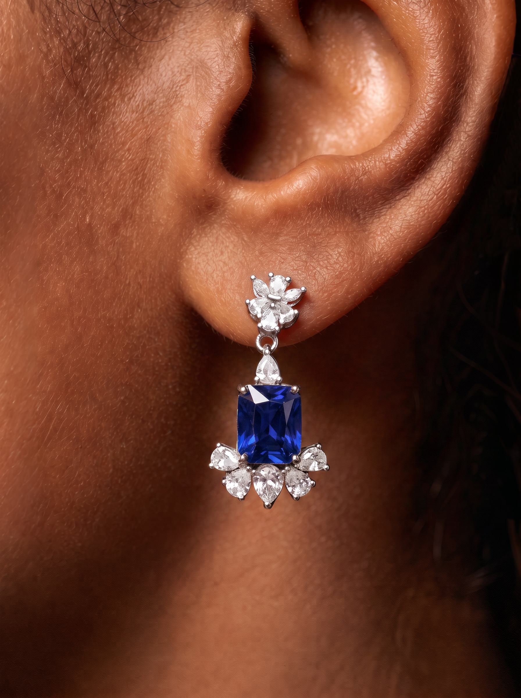 Rectangular Brilliant Cut Ruby/Sapphire Earrings - Petal Pendency