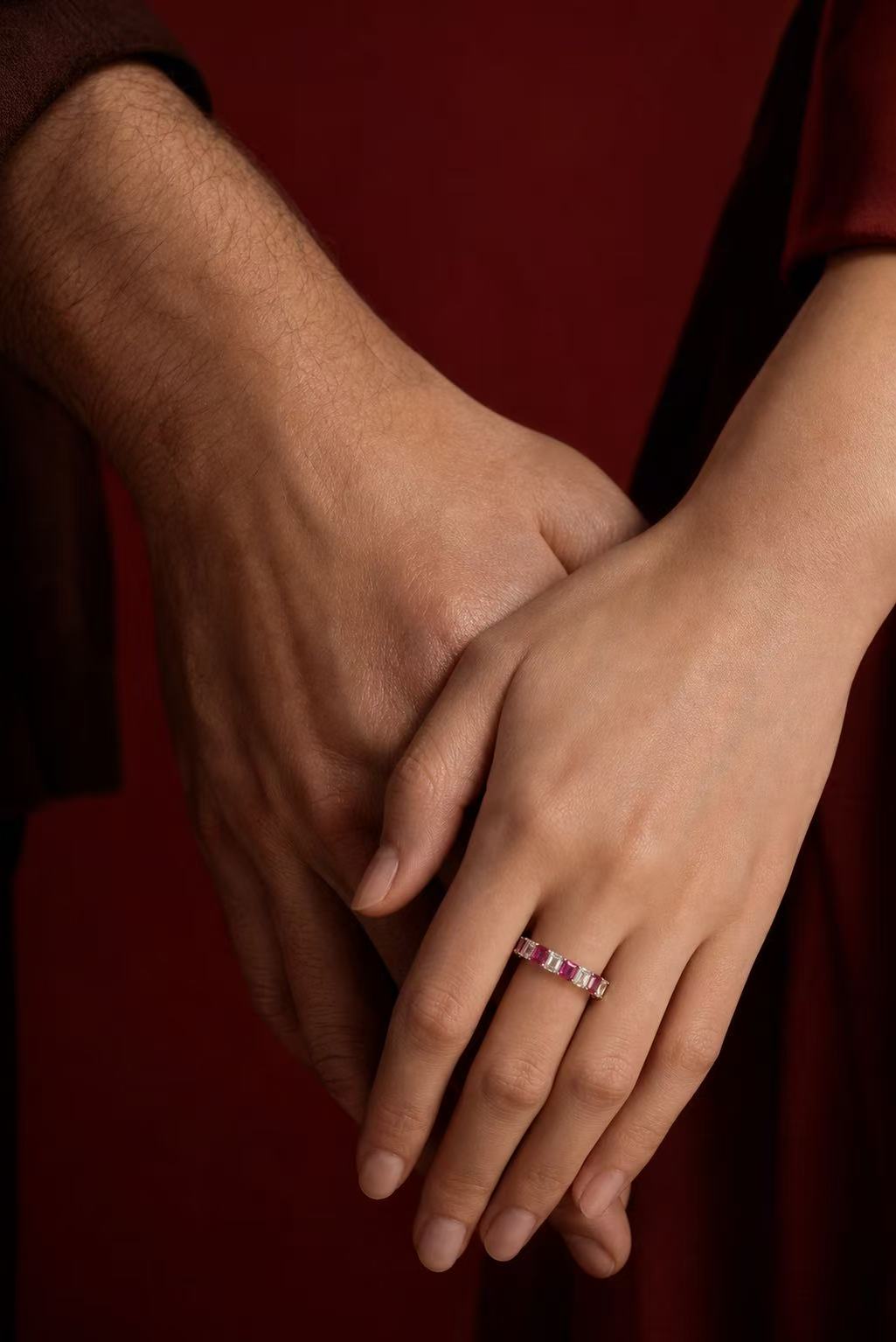 Emerald Brilliant Cut Ruby/White Sapphire Ring - Enchanted Gem Duet