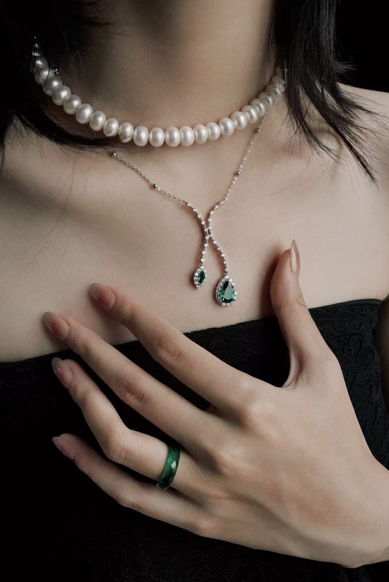 Pear Brilliant Cut/Marquise Brilliant Cut Emerald Necklace - Lake Romance