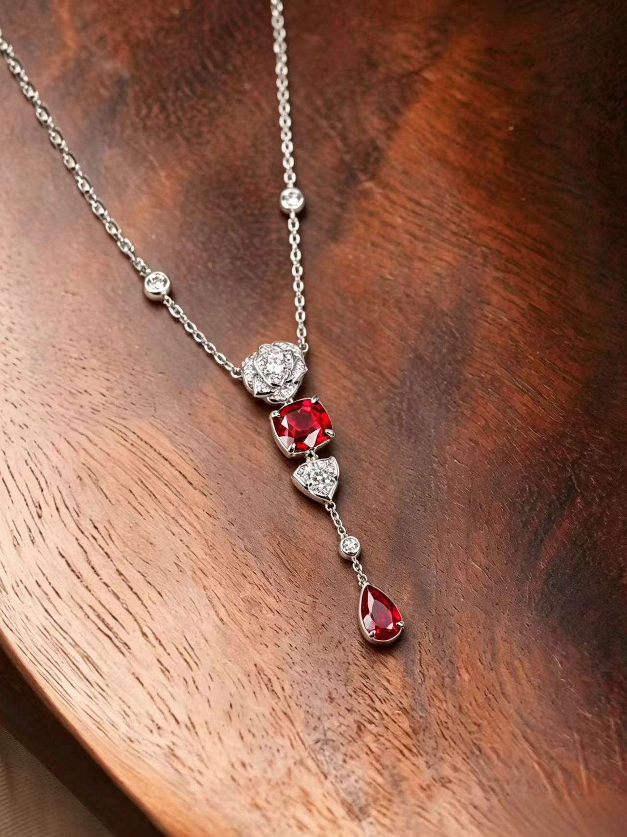 Square Emerald Brilliant Cut Ruby Necklace - Veil