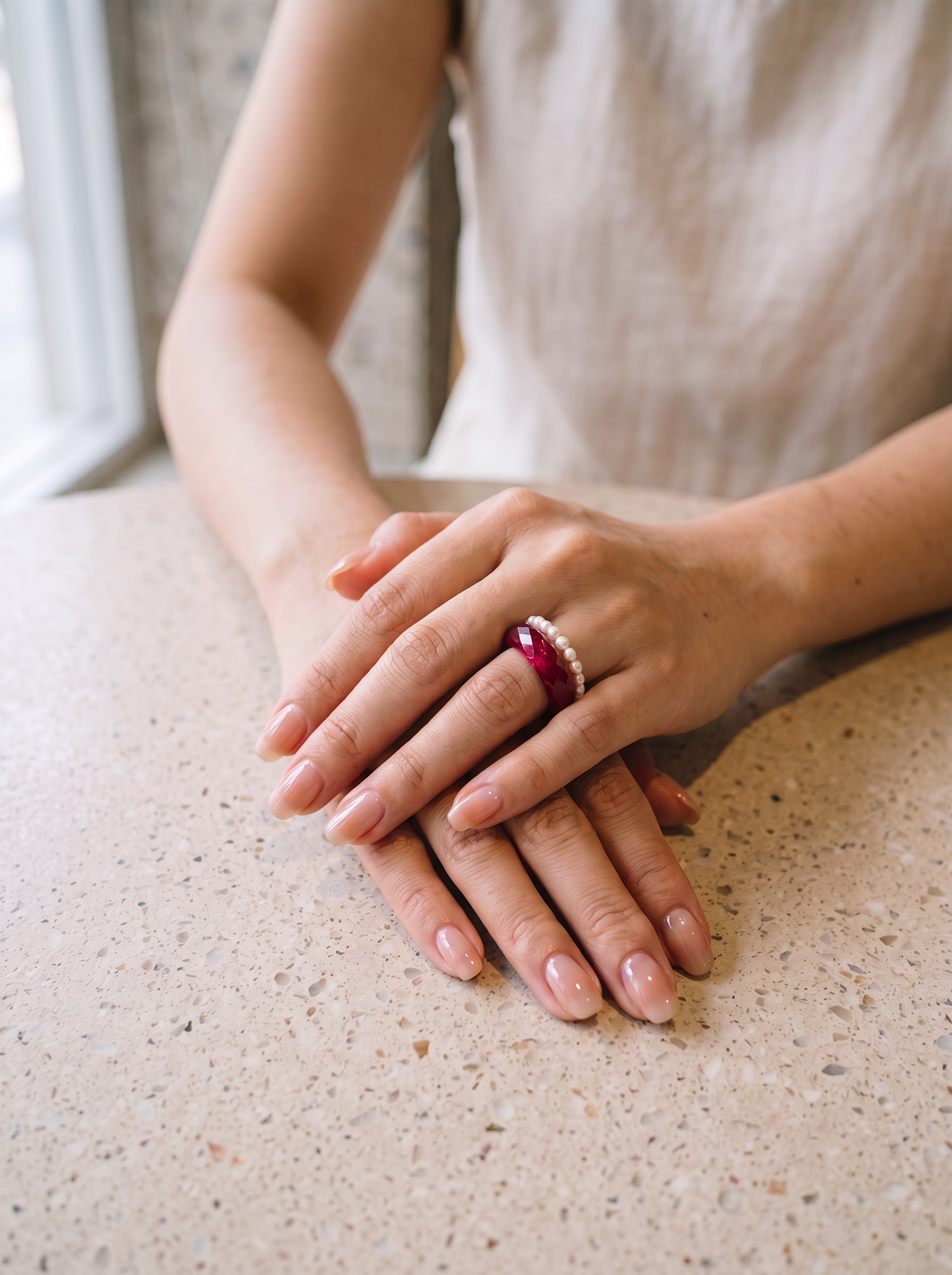 Ruby-360-Degree Faceted +Pearl Rings