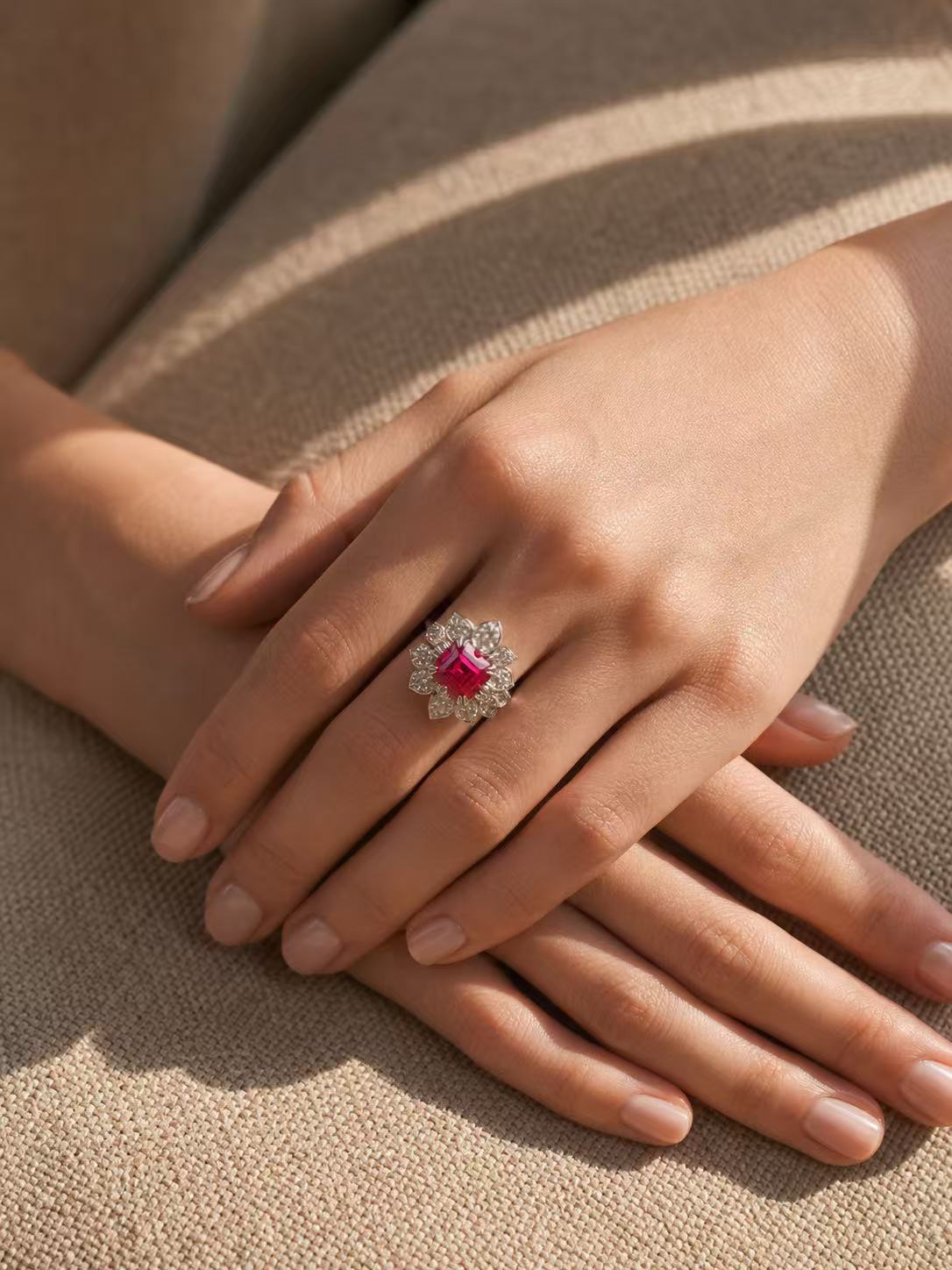 Emerald Brilliant Cut Ruby Ring - Embers' Glow