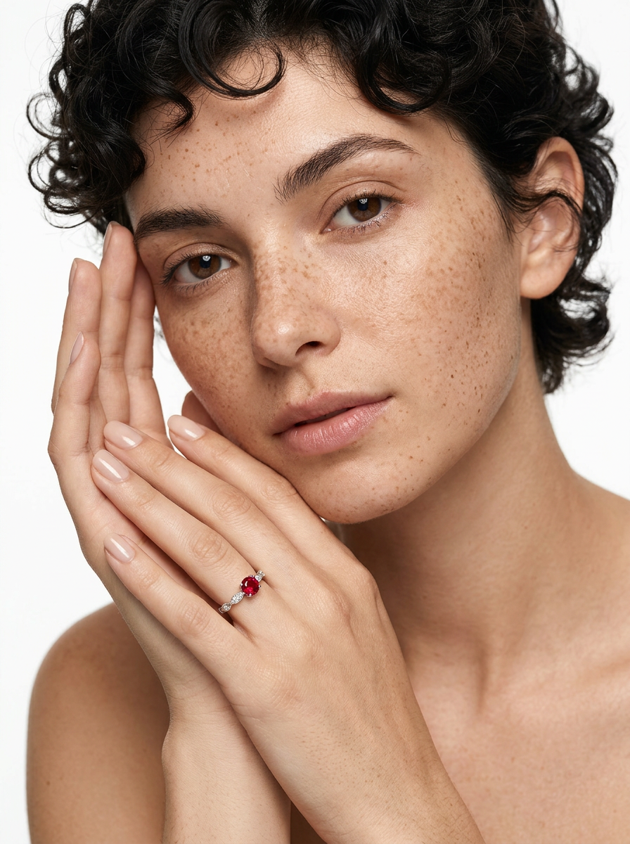 Round Brilliant Cut Ruby Ring - Floral Elegance