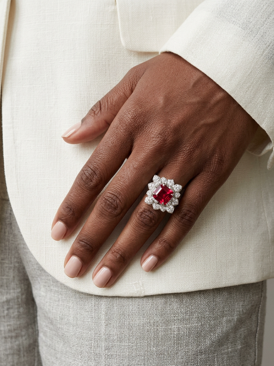 Emerald Brilliant Cut Ruby Ring - Embers' Glow