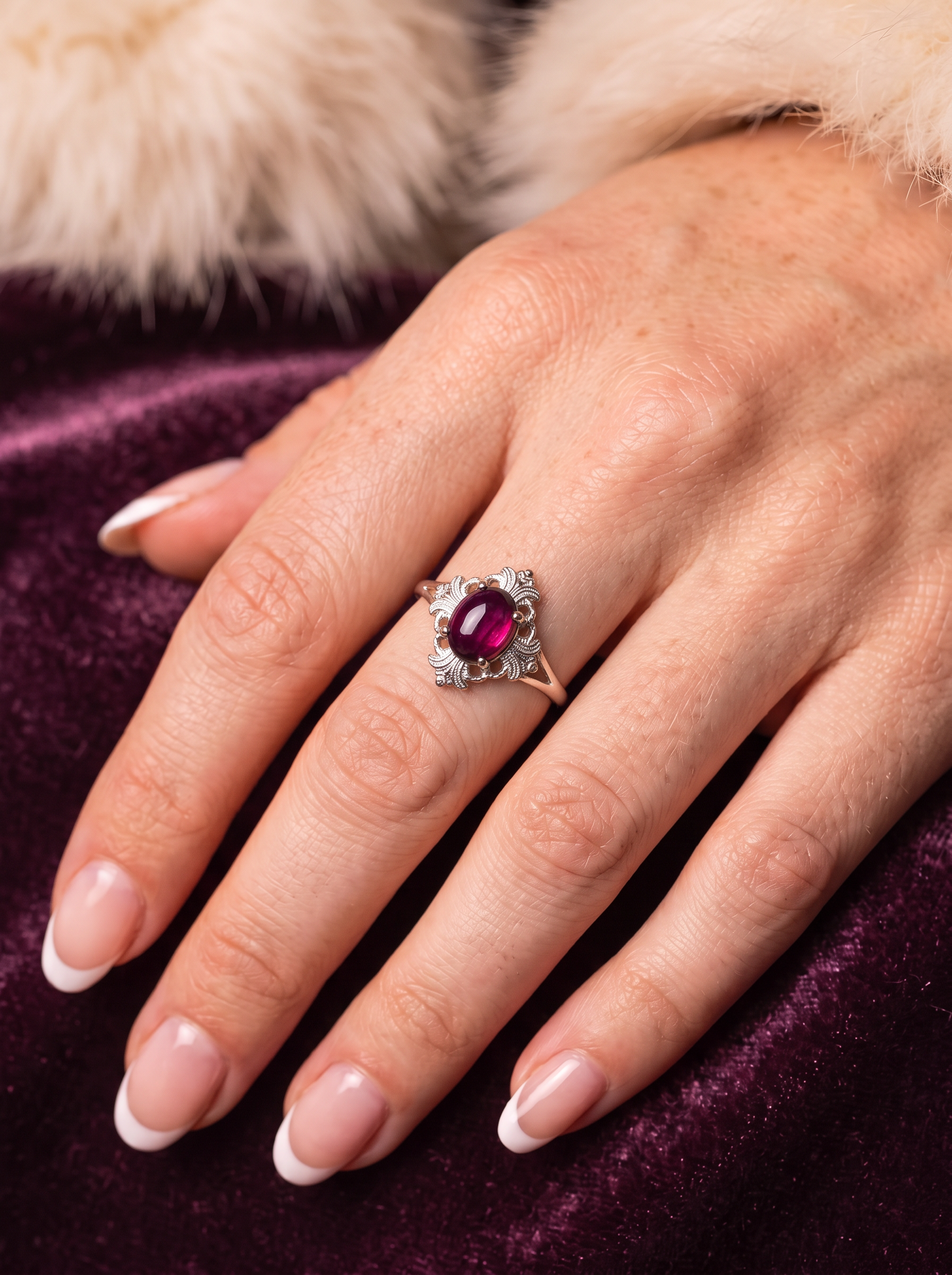 Garnet-Cabochon Cut Ring-Crimson Blossom