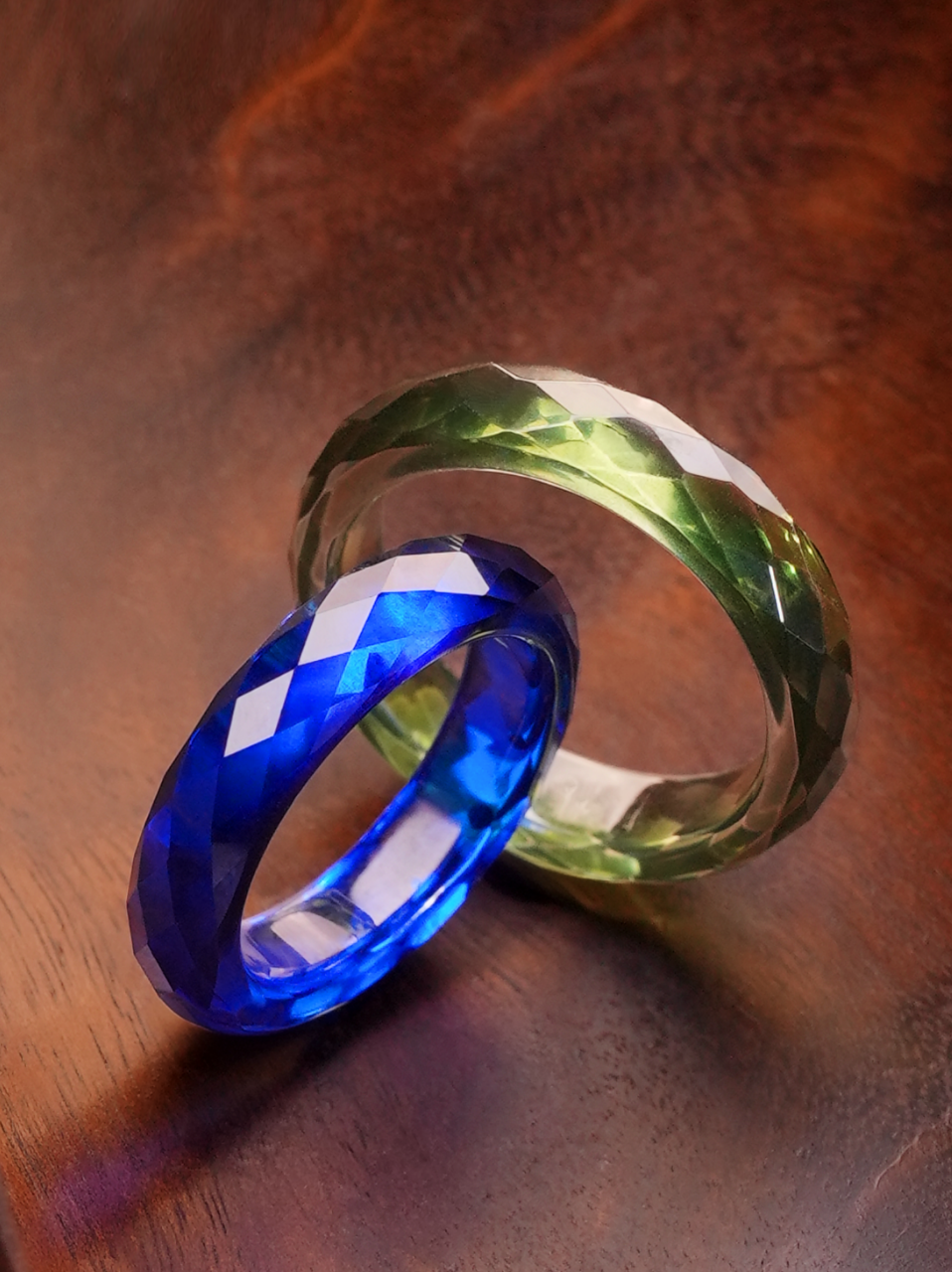Royal Blue Sapphire + Green Sapphire - 360-Degree Faceted Rings