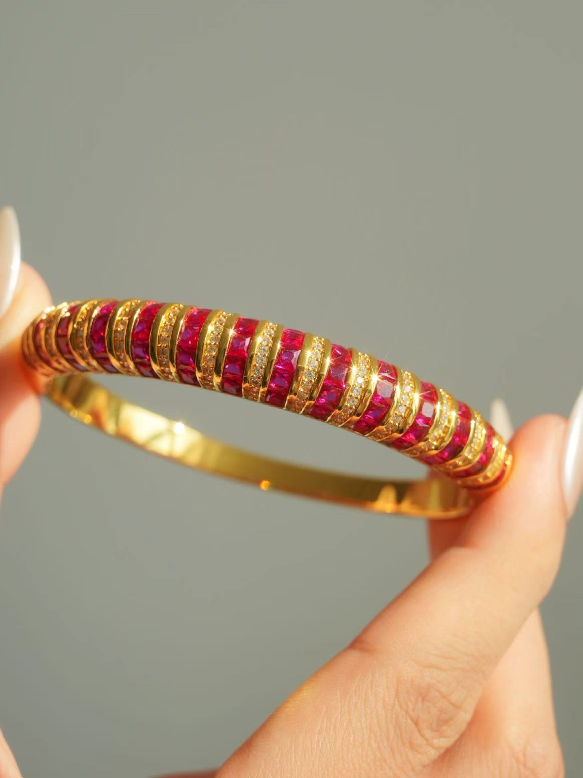Ruby-Square Step Cut Bangle-Stripe Ruby