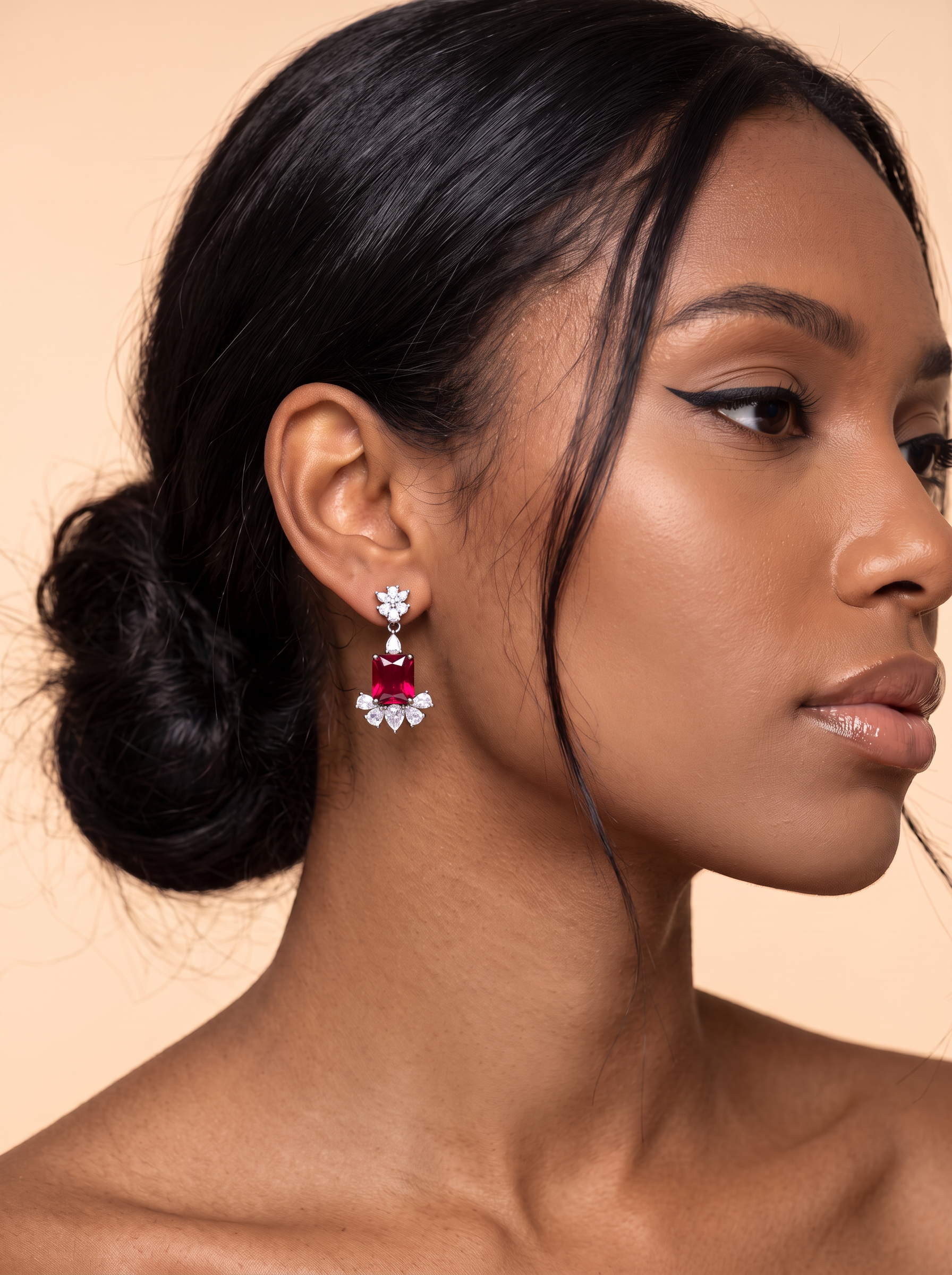 Rectangular Brilliant Cut Ruby Earrings - Petal Pendency
