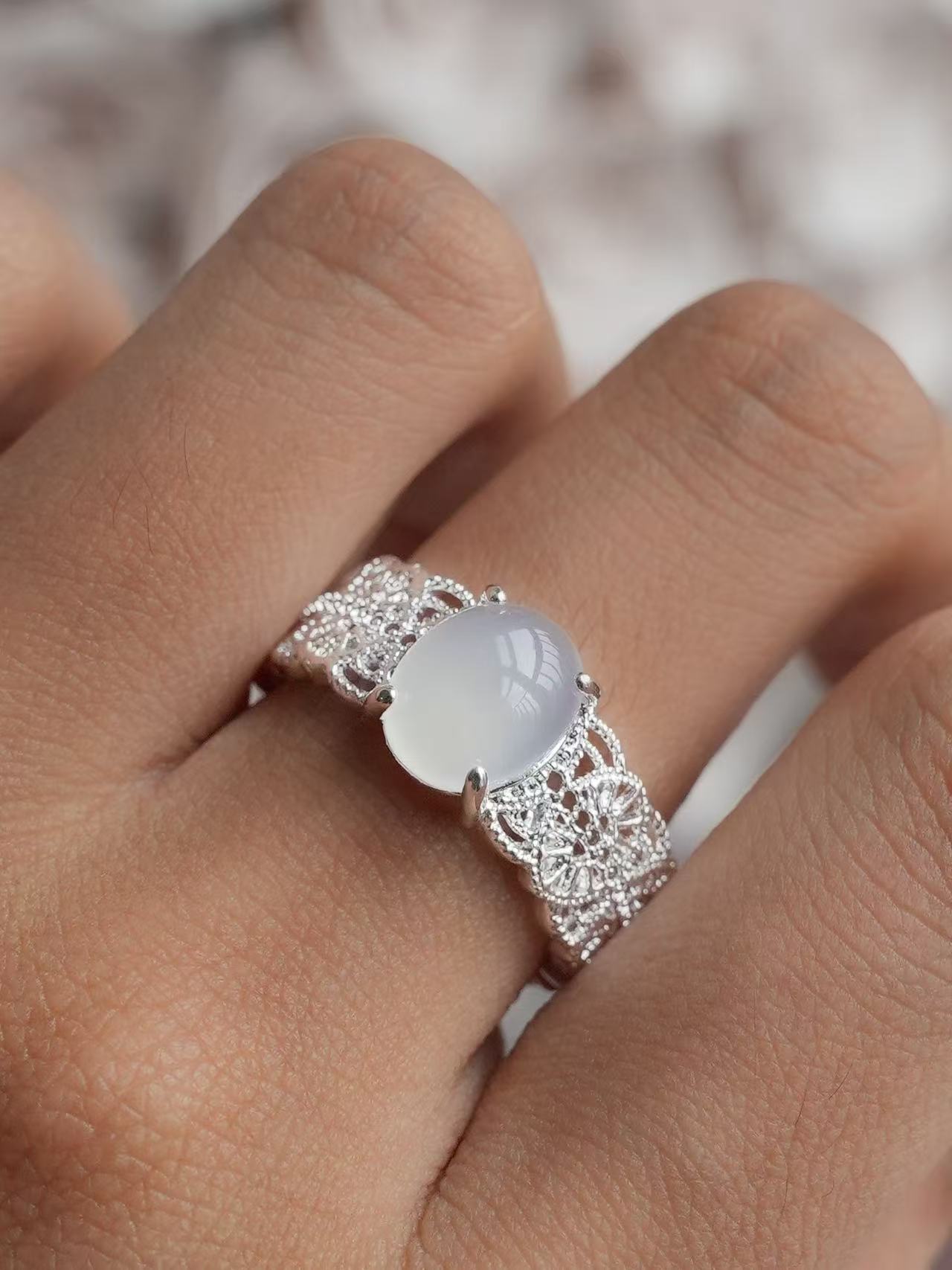 Oval Cabochon Cut Chalcedony Ring - Lunar Veil