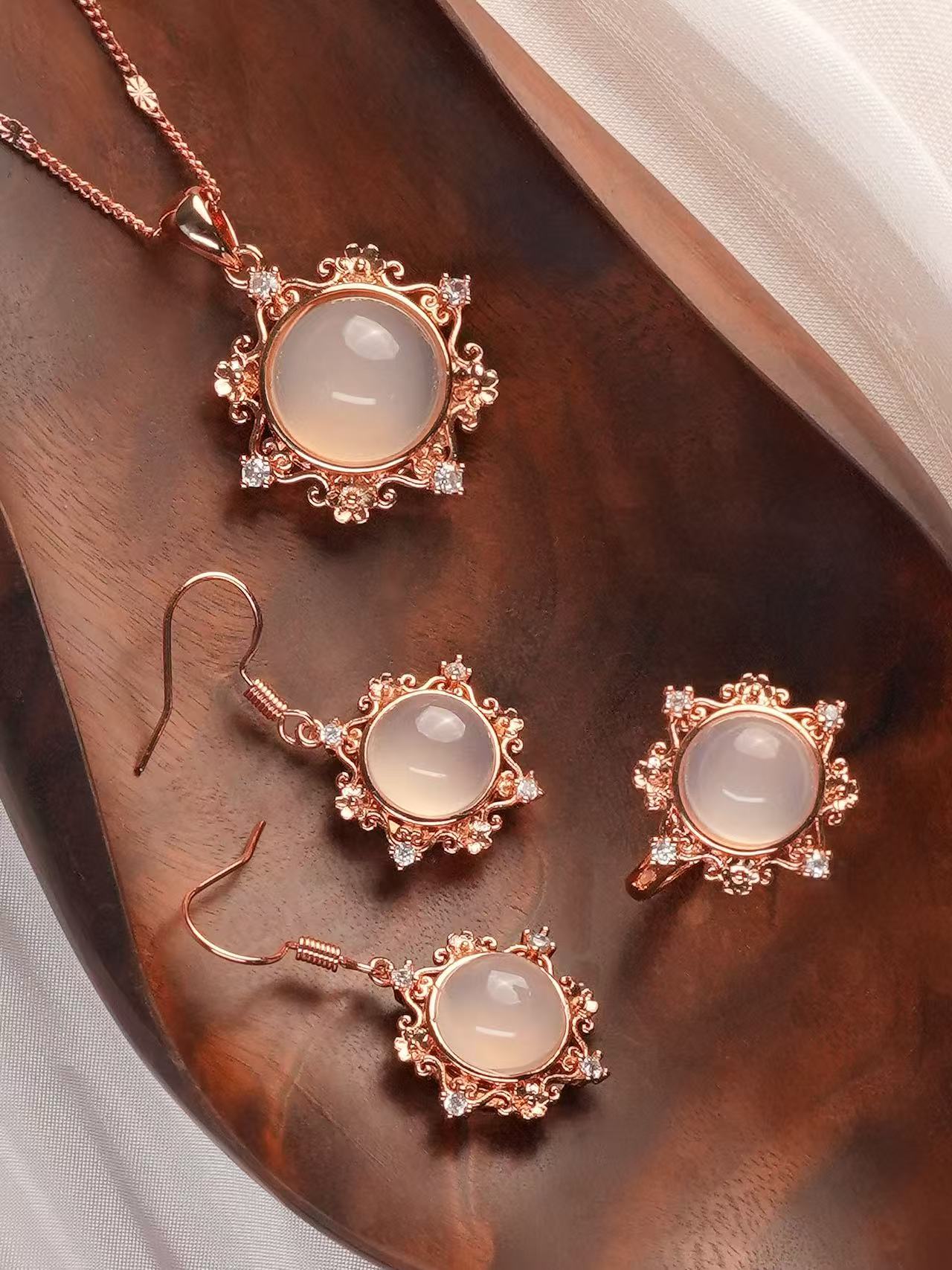 Chalcedony Necklace/Ring/Earring - Moonlit Blossom Series