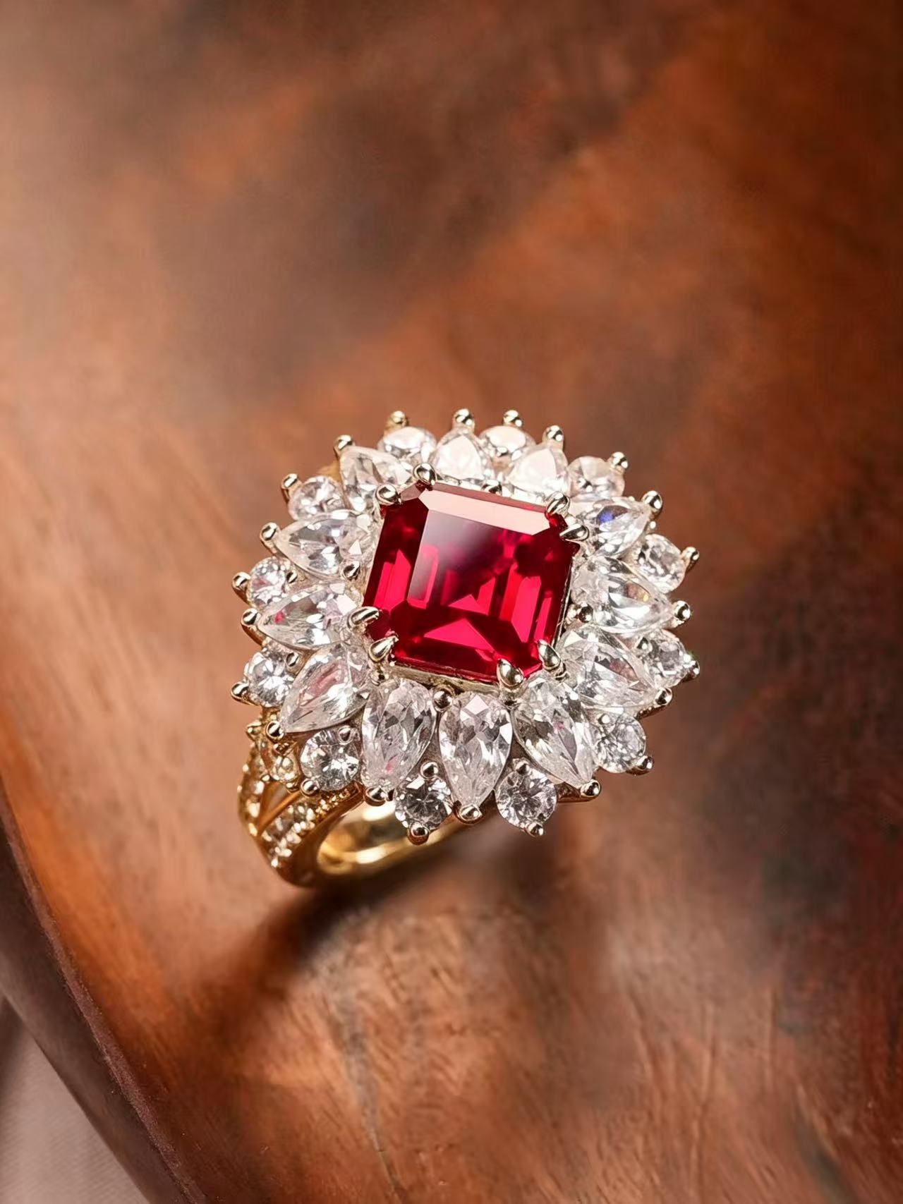 Emerald Brilliant Cut Ruby Ring - Reverie