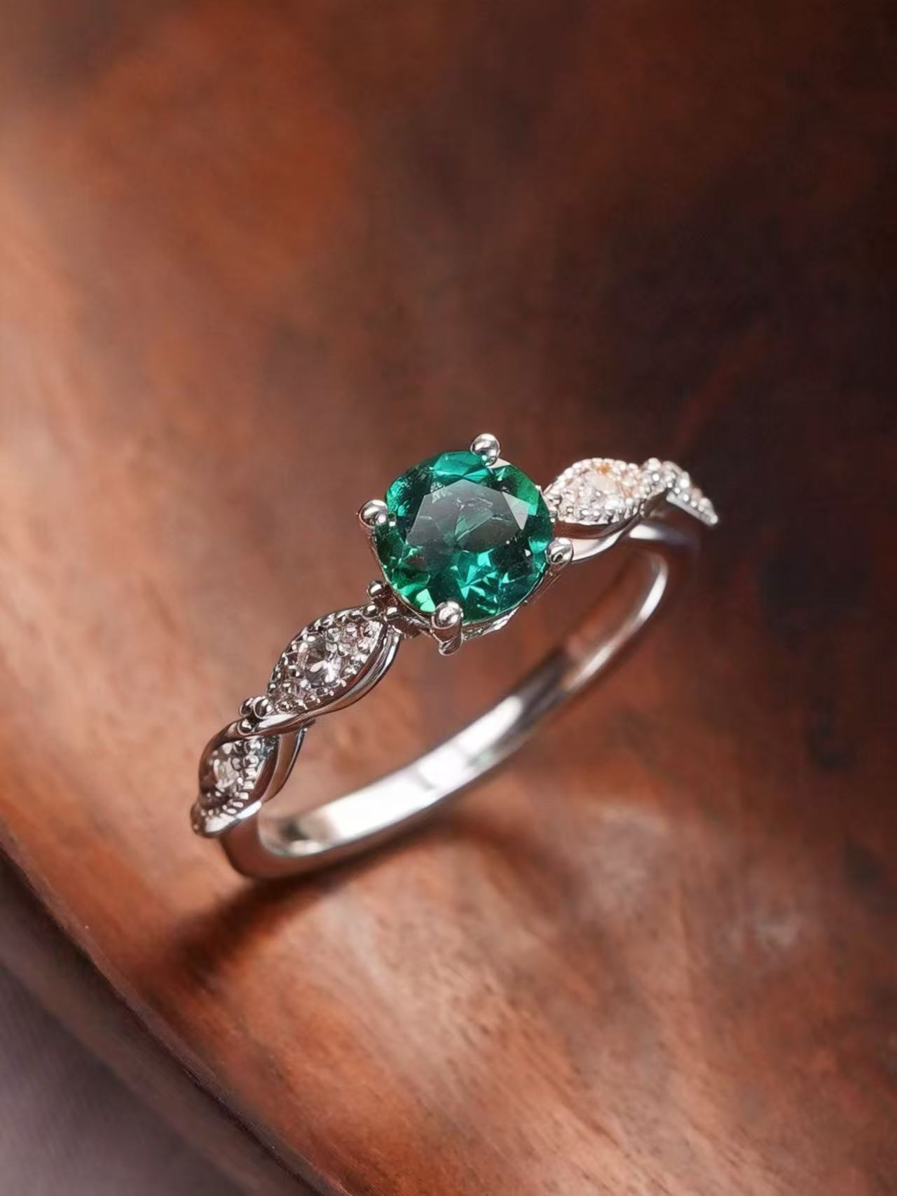 Round Brilliant Cut Emerald Ring - Floral Elegance