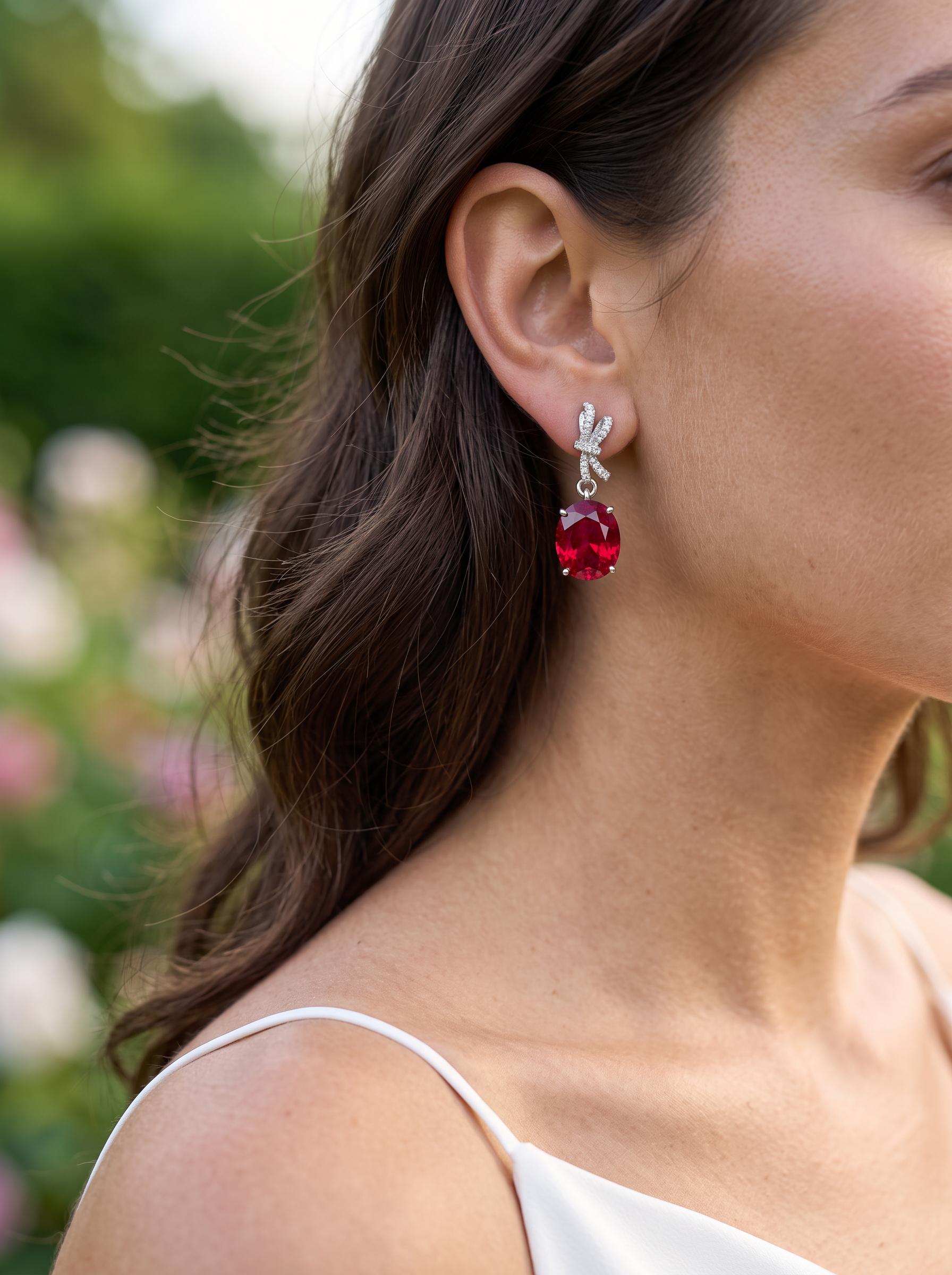 Oval Brilliant Cut Ruby/Sapphire Earrings - Scarlet Bow