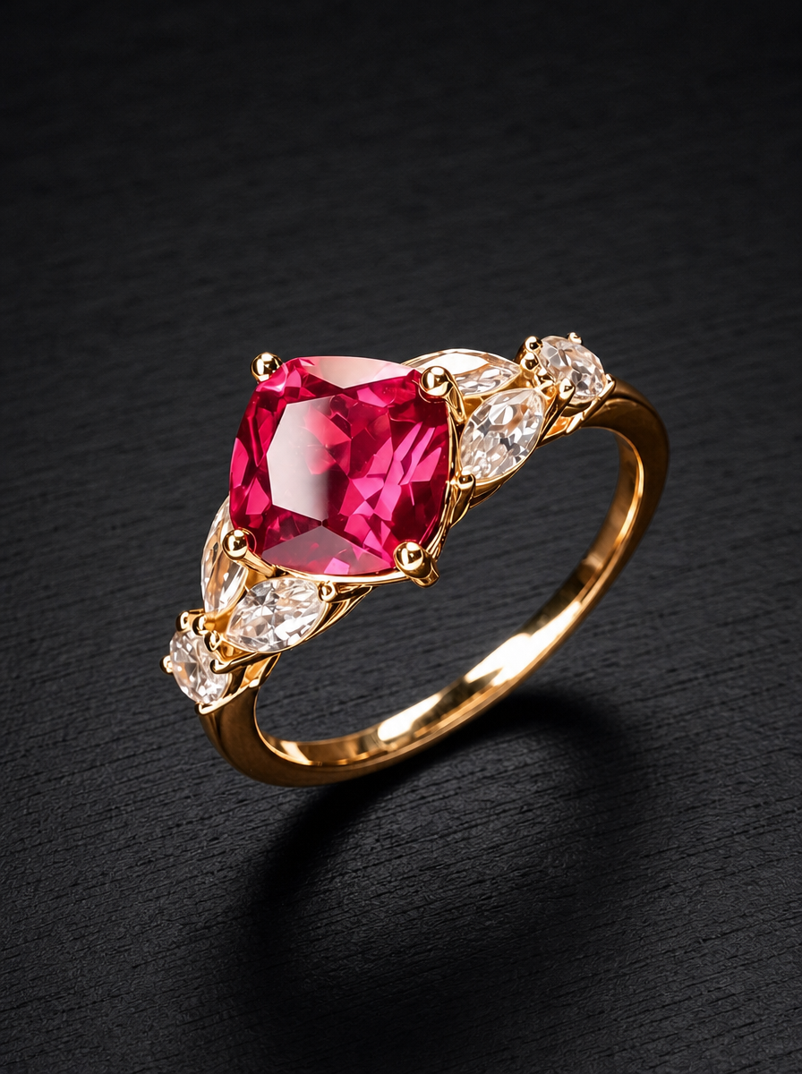 Ruby-Cushion Brilliant Cut Ring - Scarlet Spray