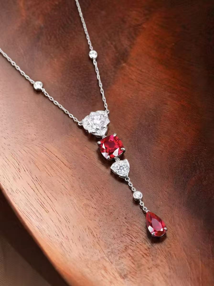 Square Emerald Brilliant Cut Ruby Necklace - Veil