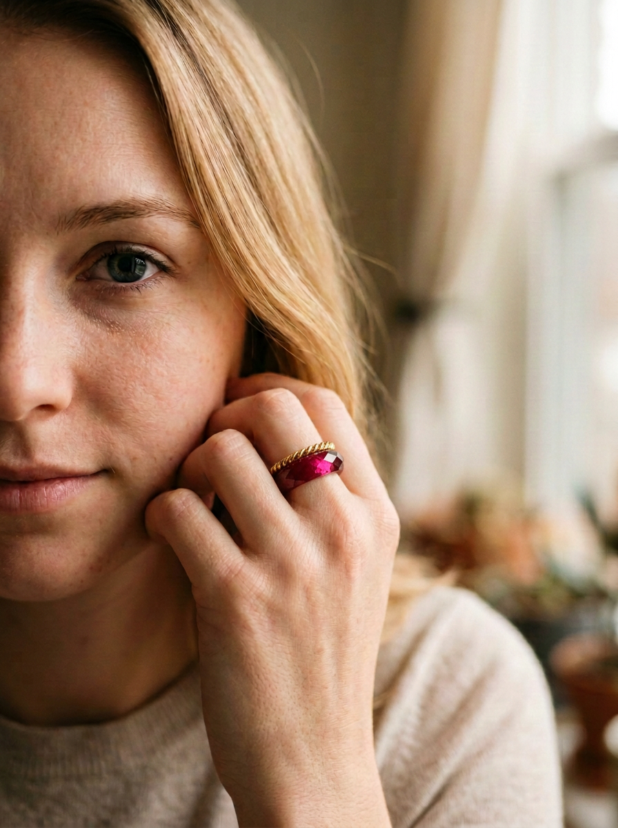 Ruby-360-Degree Faceted +Twisted Metal  GOLD Rings