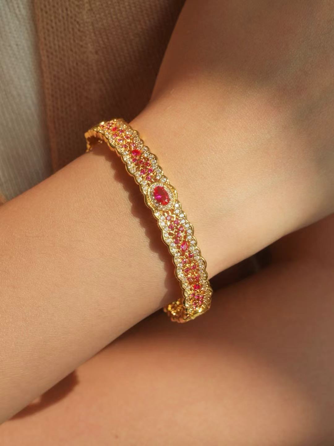 Ruby-Oval Brilliant Cut Bangle-Filigree Ruby