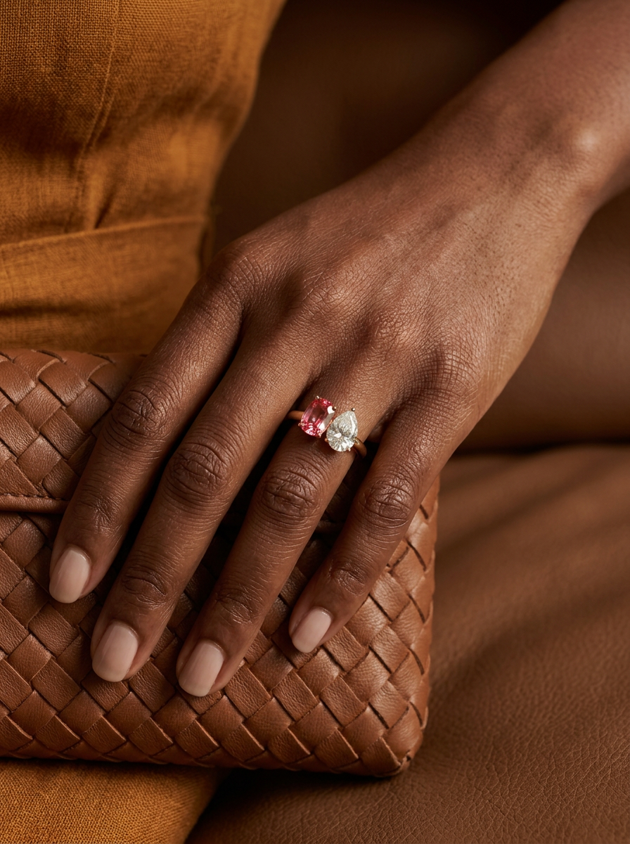 Padparadscha and Moissanite Toi Et Moi Ring - Amore Duo