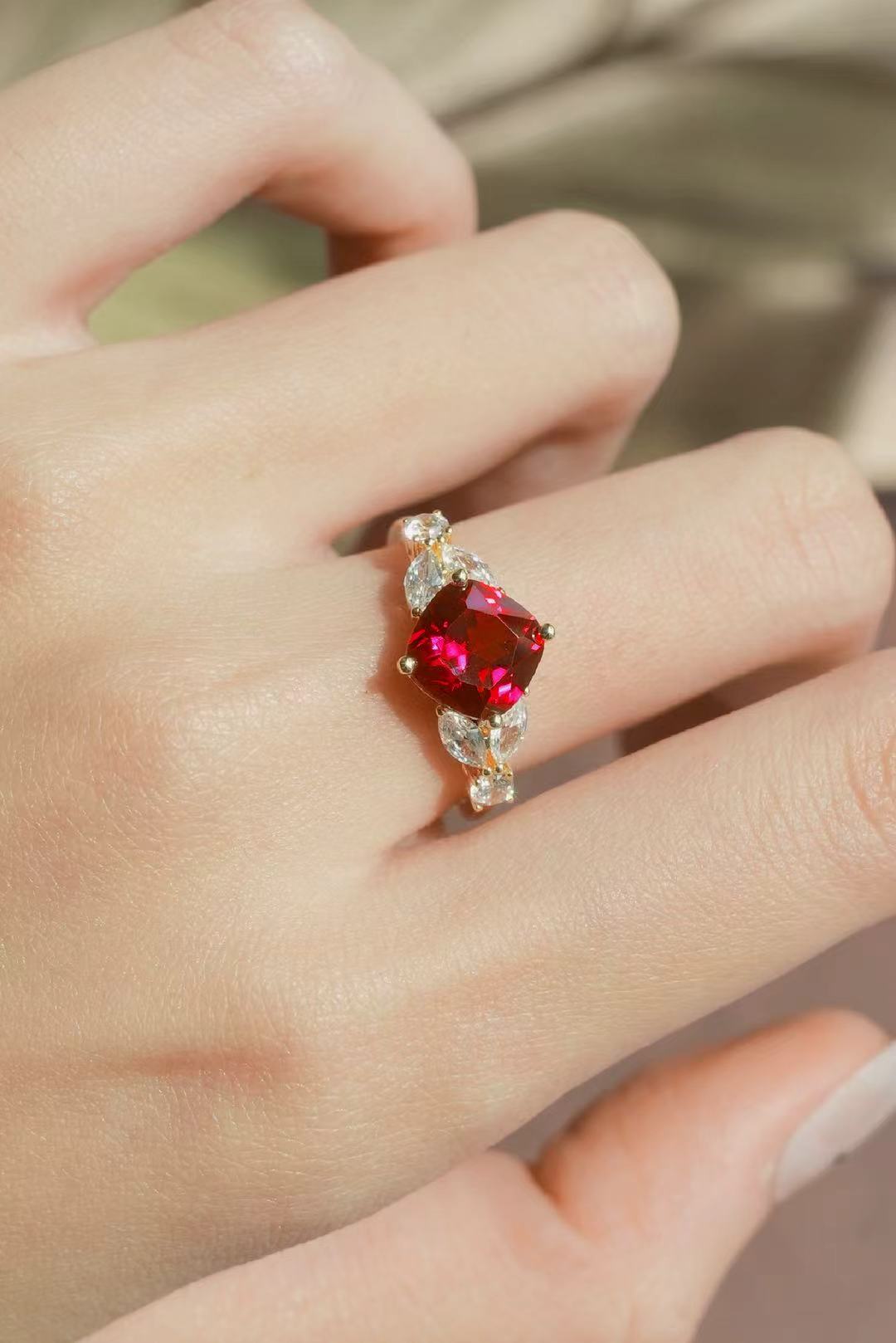 Cushion Brilliant Cut Ruby Ring - Scarlet Spray