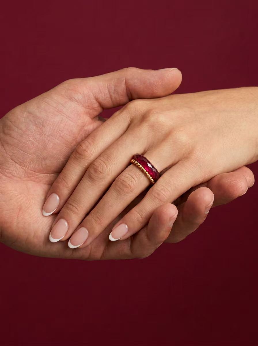 Ruby-360-Degree Faceted +Twisted Metal  GOLD Rings