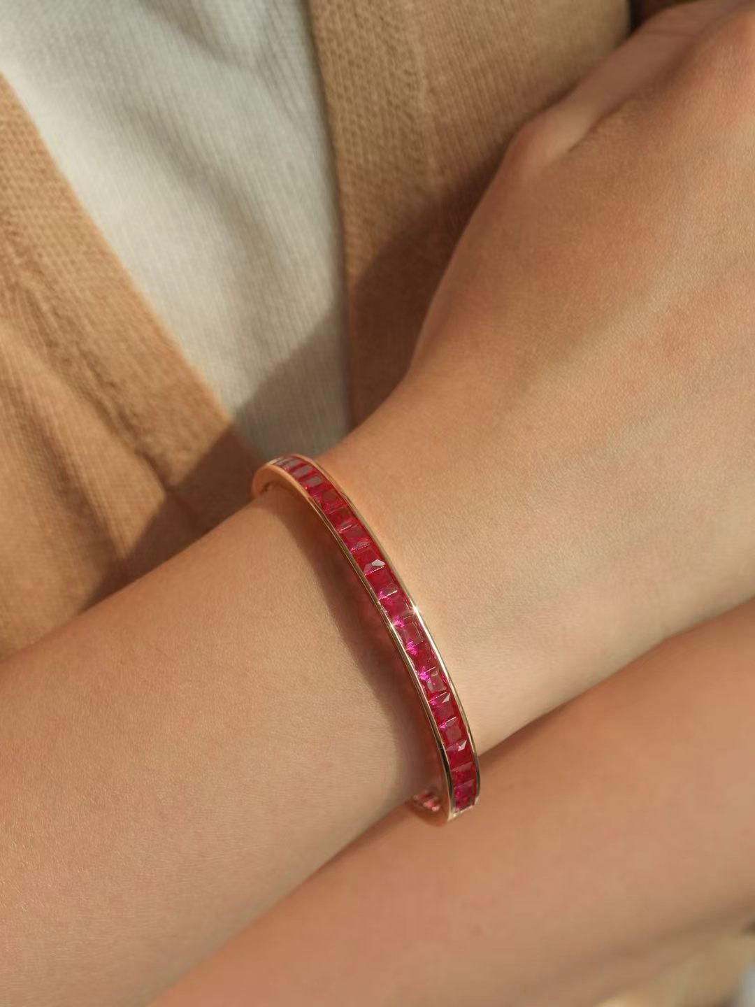 Ruby-Square Step Cut Bangle-Ruby Channel