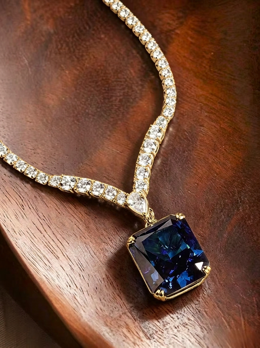 Cushion Brilliant Cut Sapphire Necklace - Luna Azure
