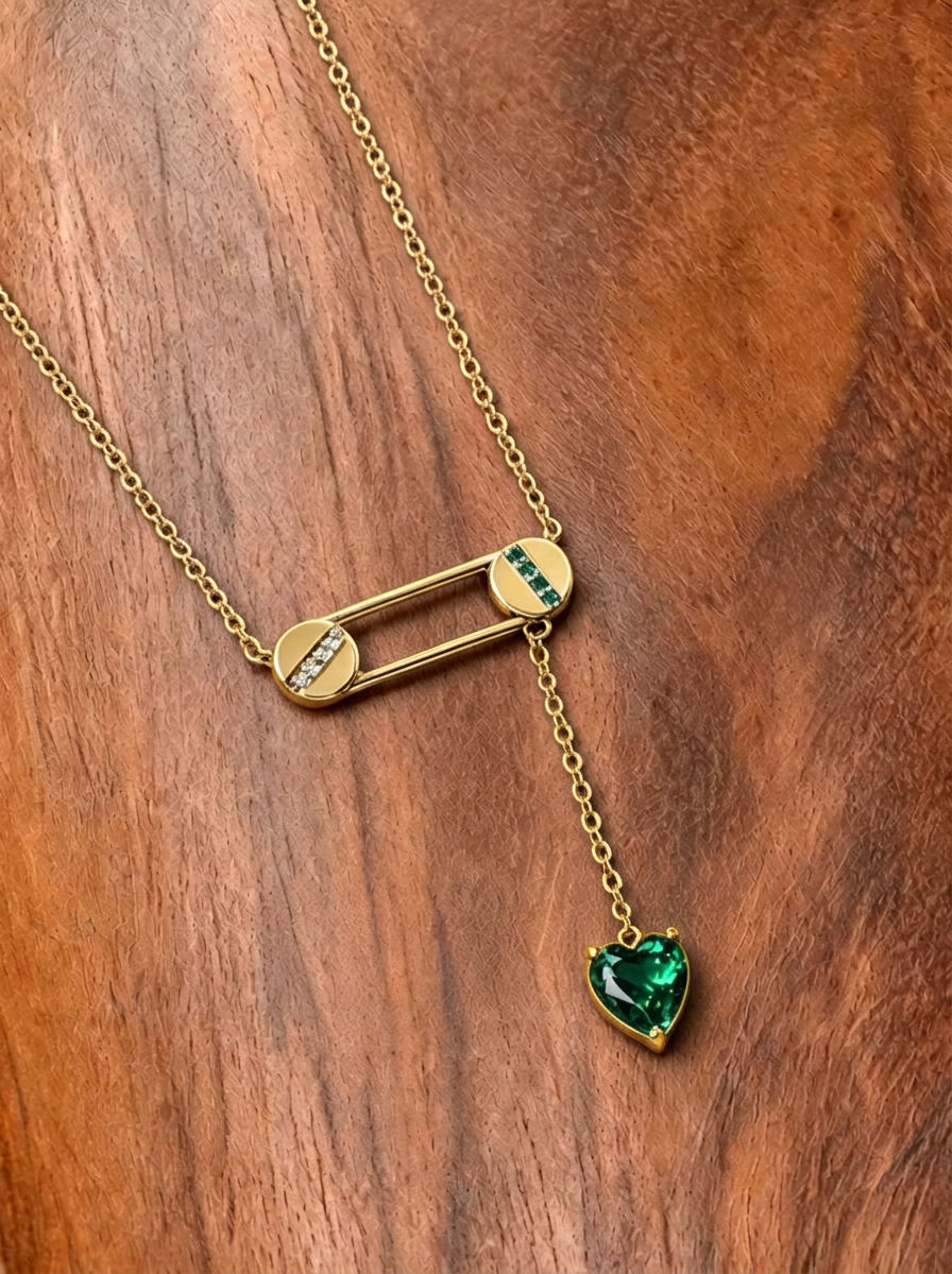 Heart Brilliant Cut Emerald Necklace - Pin & Heart