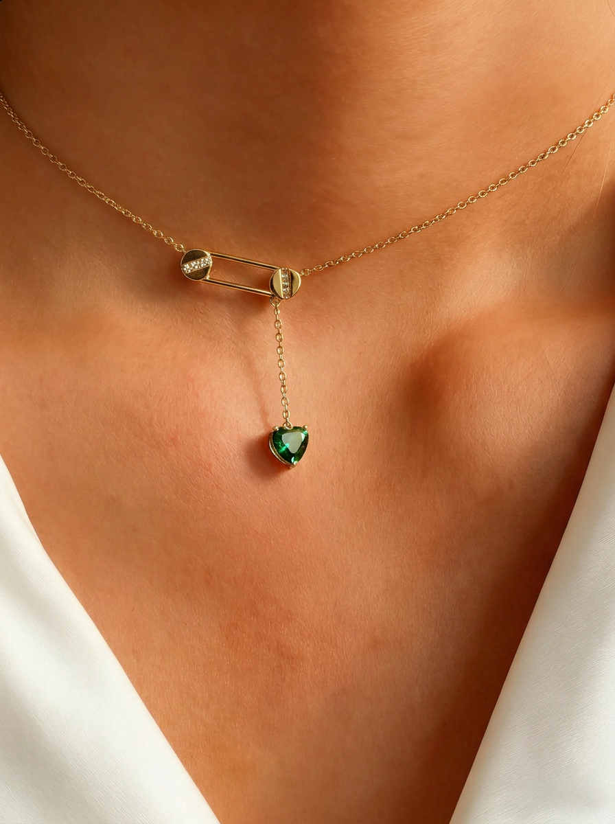 Heart Brilliant Cut Emerald Necklace - Pin & Heart