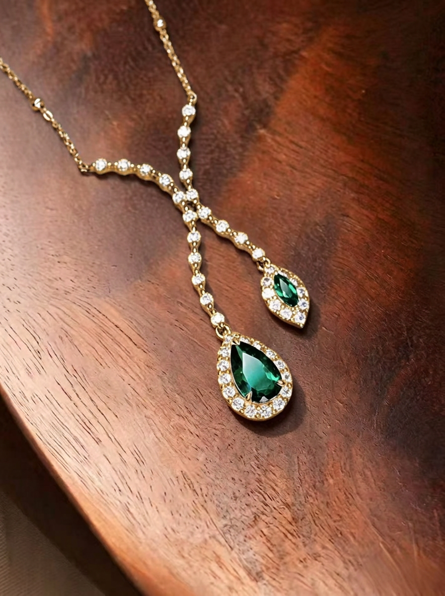 Pear Brilliant Cut/Marquise Brilliant Cut Emerald Necklace - Lake Romance