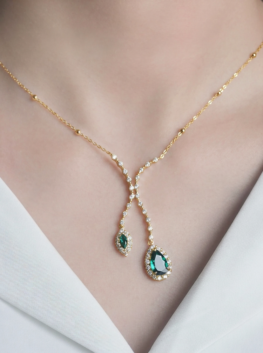 Pear Brilliant Cut/Marquise Brilliant Cut Emerald Necklace - Lake Romance