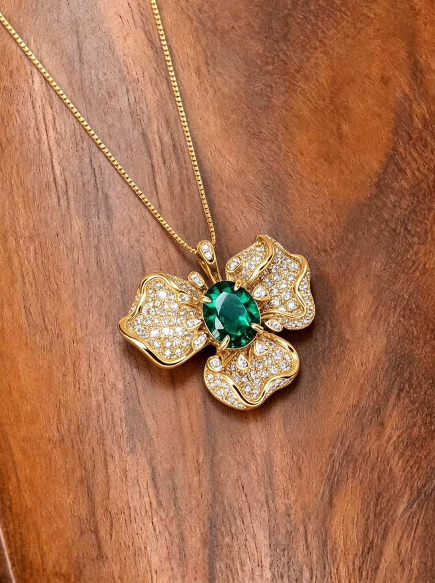 Oval Brilliant Cut Emerald Necklace - Rhyme Floral 