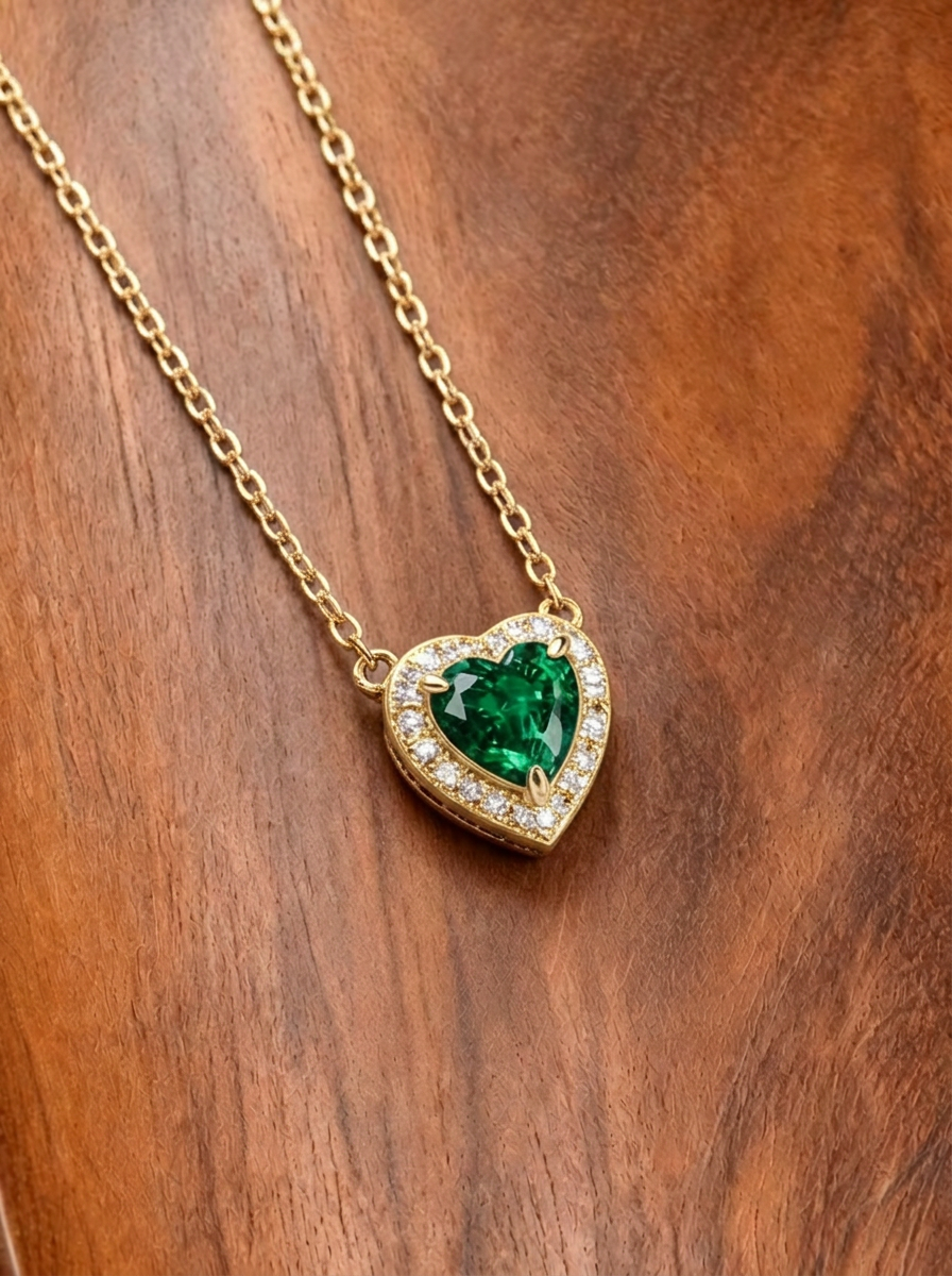 Heart Brilliant Cut Emerald Necklace -  Vivid Heart Treasures