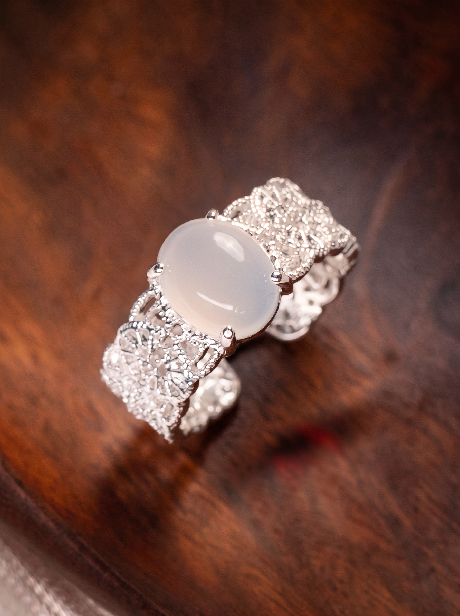 Oval Cabochon Cut Chalcedony Ring - Lunar Veil