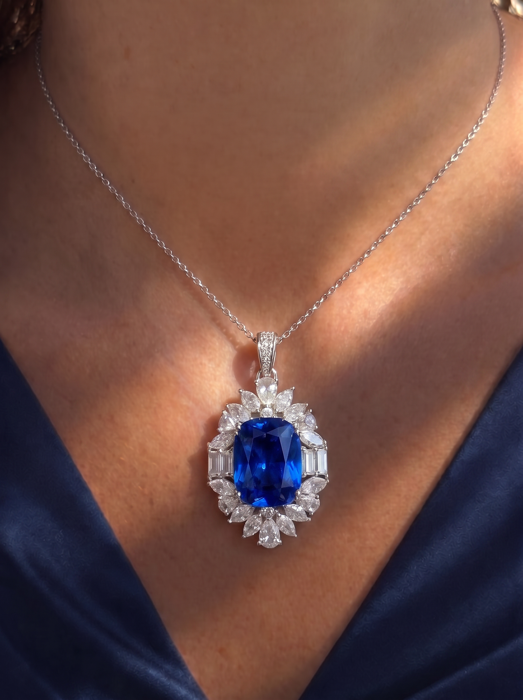 Cushion Brilliant Cut Royal Sapphire Necklace - Cobalt Eclat