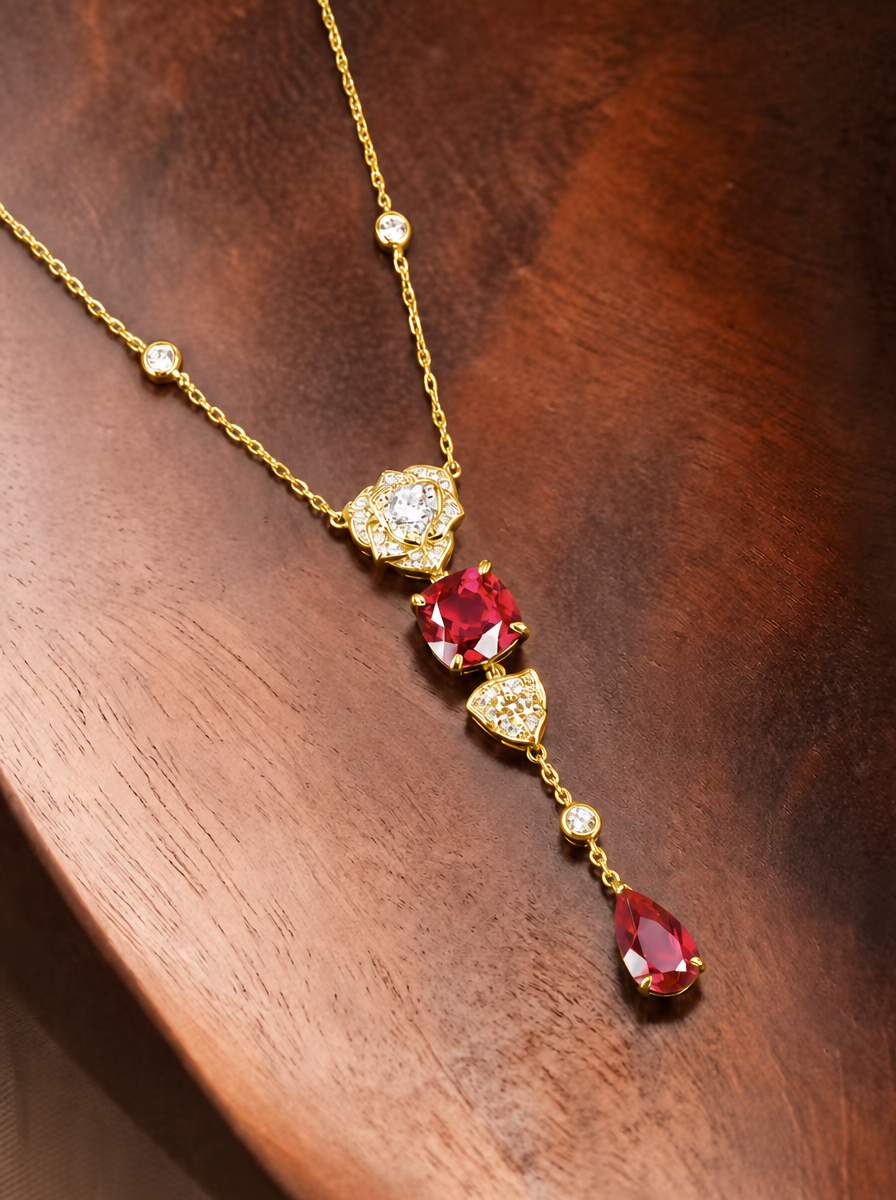 Square Emerald Brilliant Cut Ruby Necklace - Veil