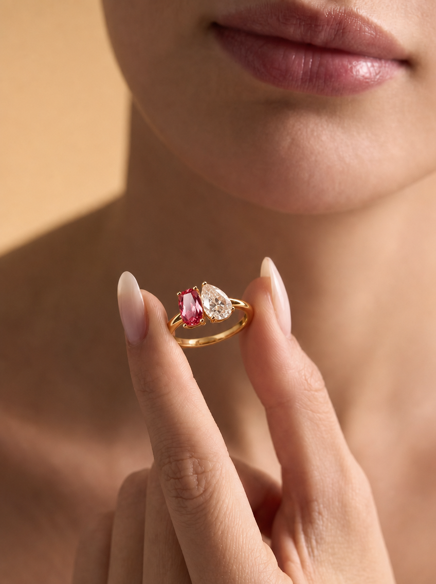 Padparadscha and Moissanite Toi Et Moi Ring - Amore Duo