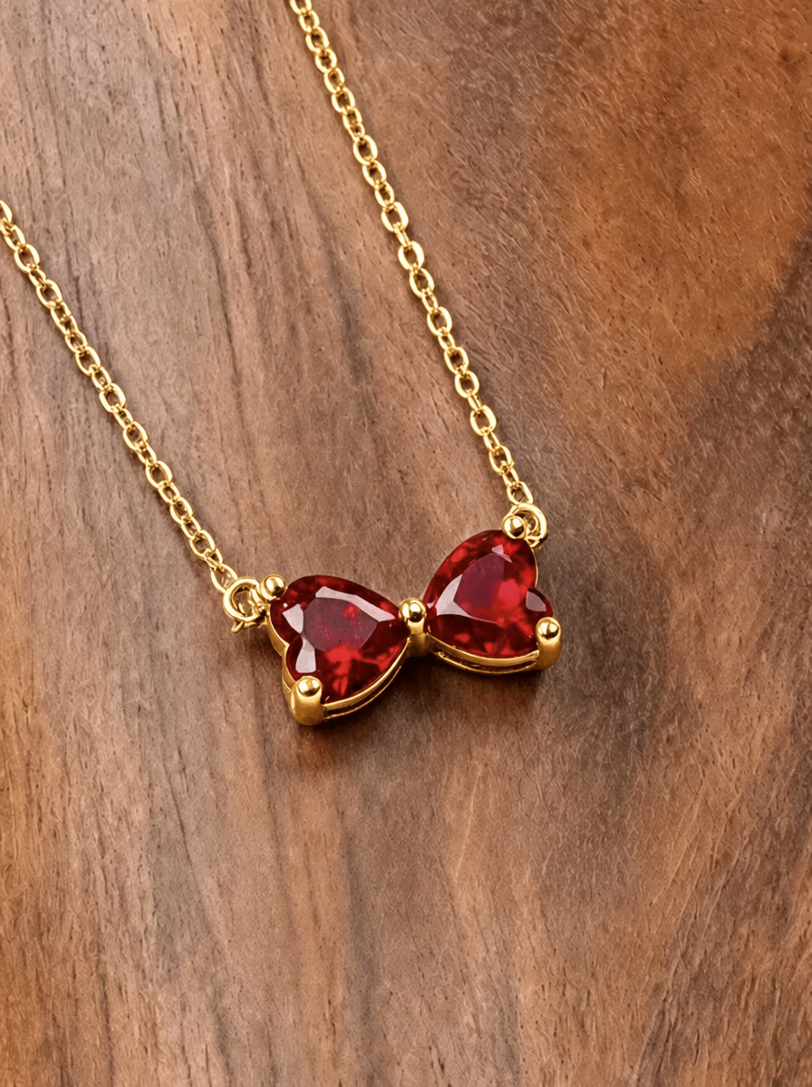 Heart Brilliant Cut Ruby Necklace -  Twin Crimson Hearts