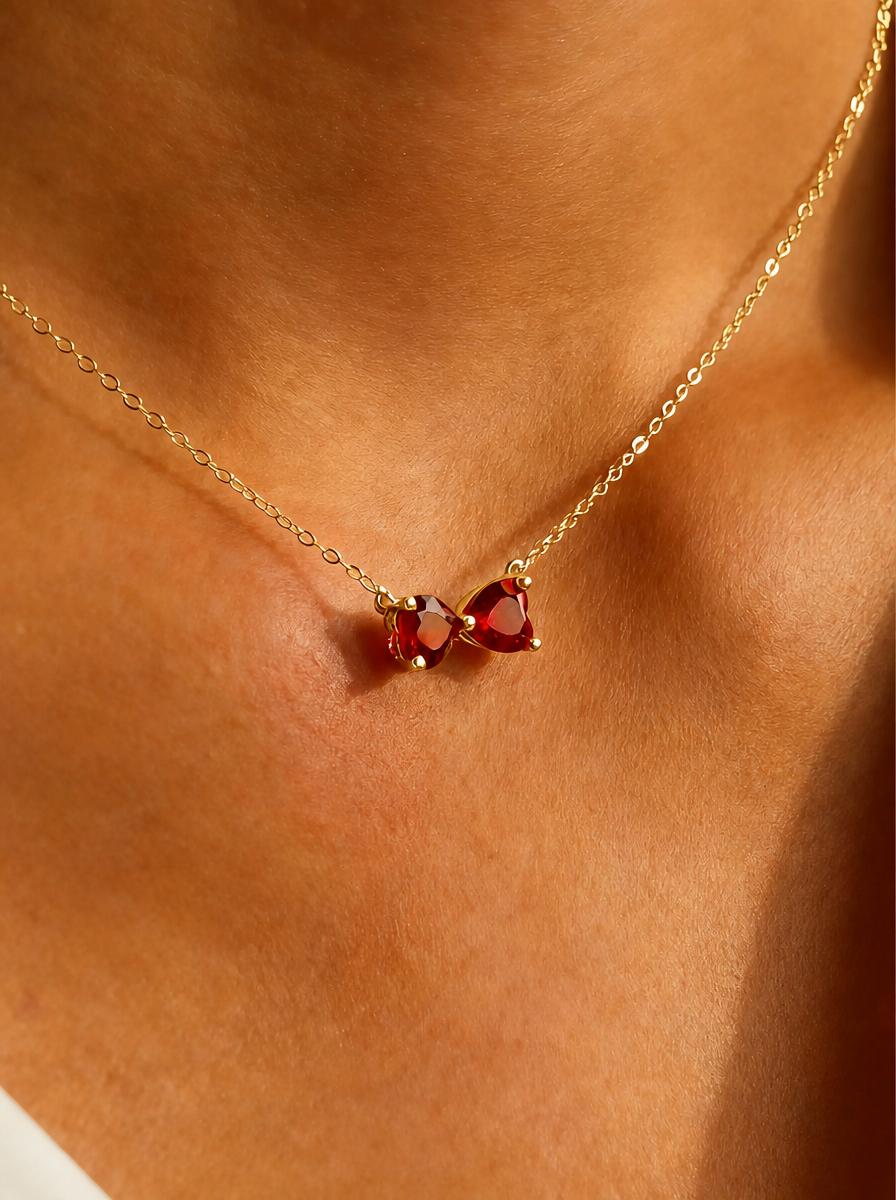 Heart Brilliant Cut Ruby Necklace -  Twin Crimson Hearts