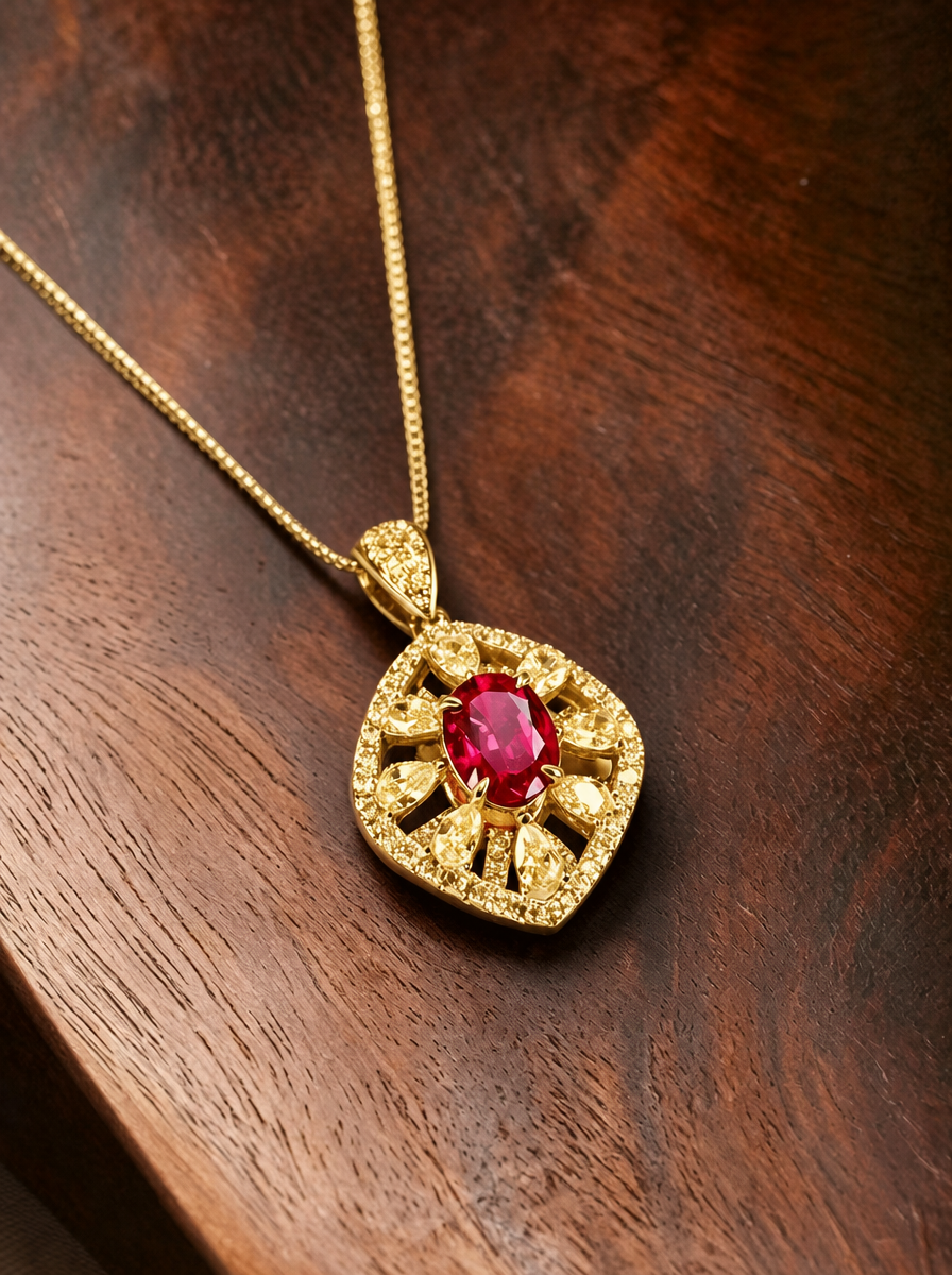 Oval Brilliant Cut Ruby Necklace - Pomegranate Sparkle Drop