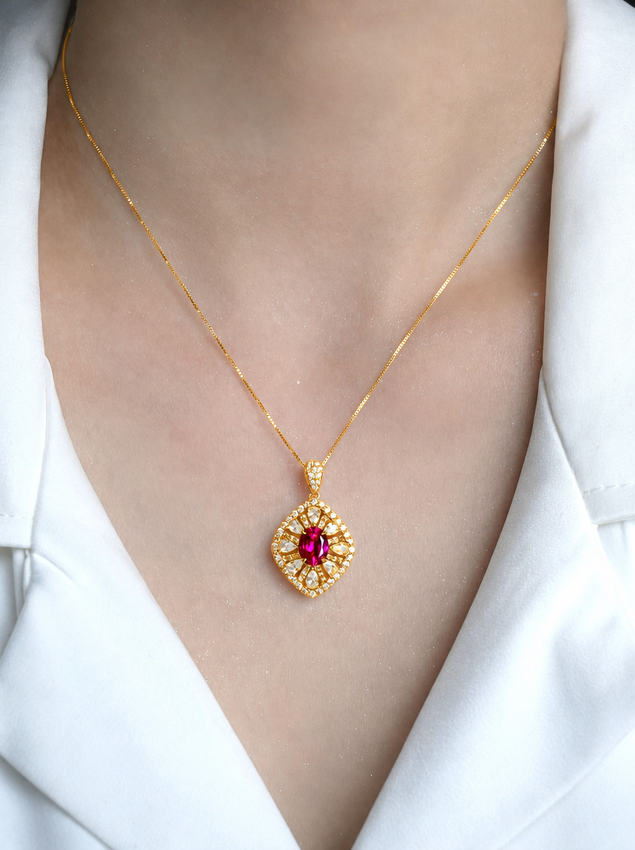 Oval Brilliant Cut Ruby Necklace - Pomegranate Sparkle Drop