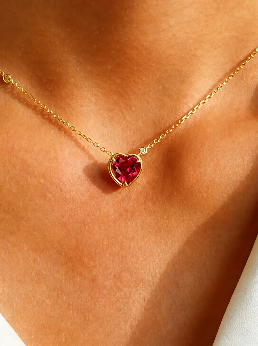 Heart Brilliant Cut Ruby Necklace -  Heart Blaze