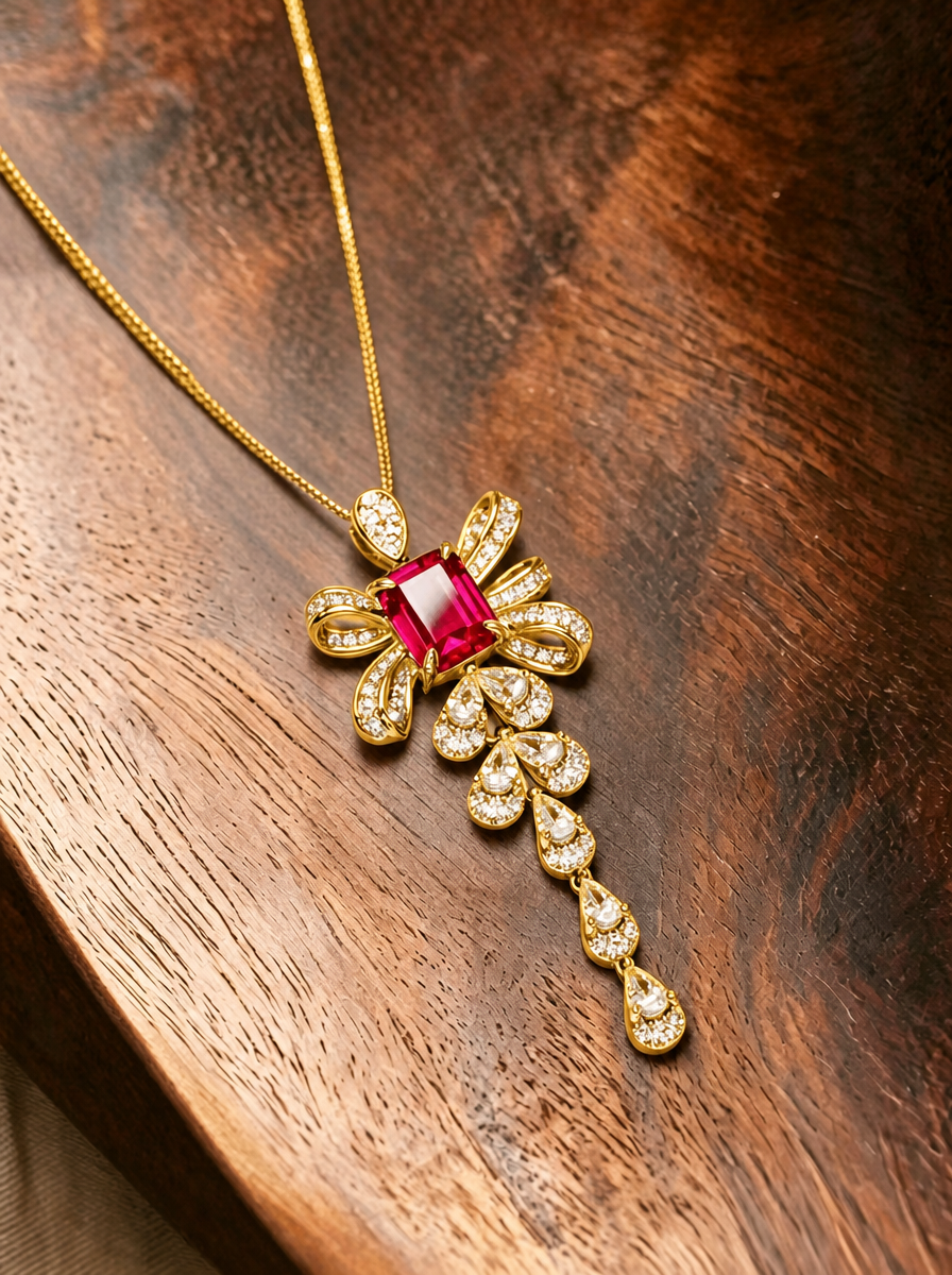 Emerald Brilliant Cut Ruby Necklace - Ribbon Reverie