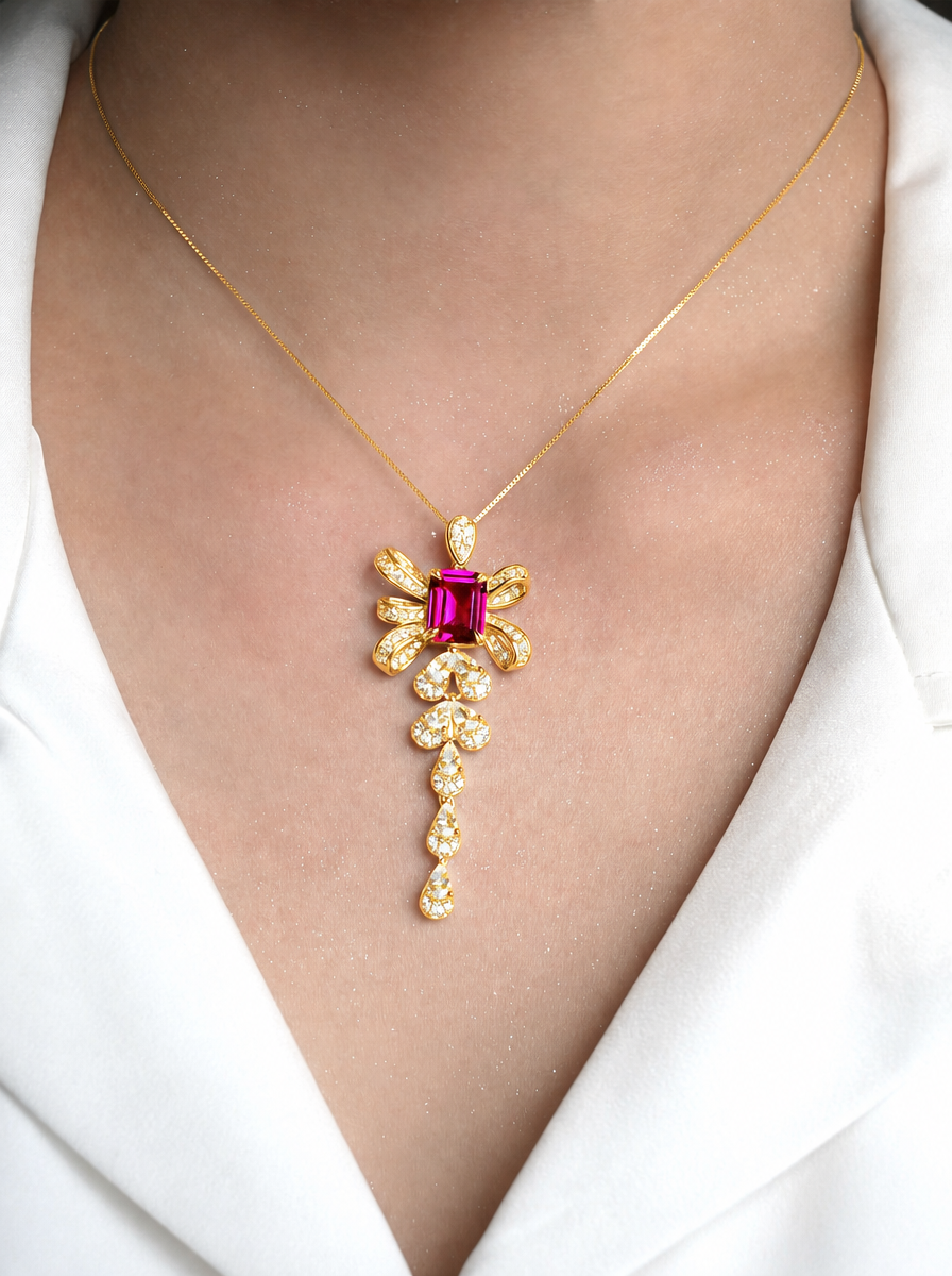 Emerald Brilliant Cut Ruby Necklace - Ribbon Reverie