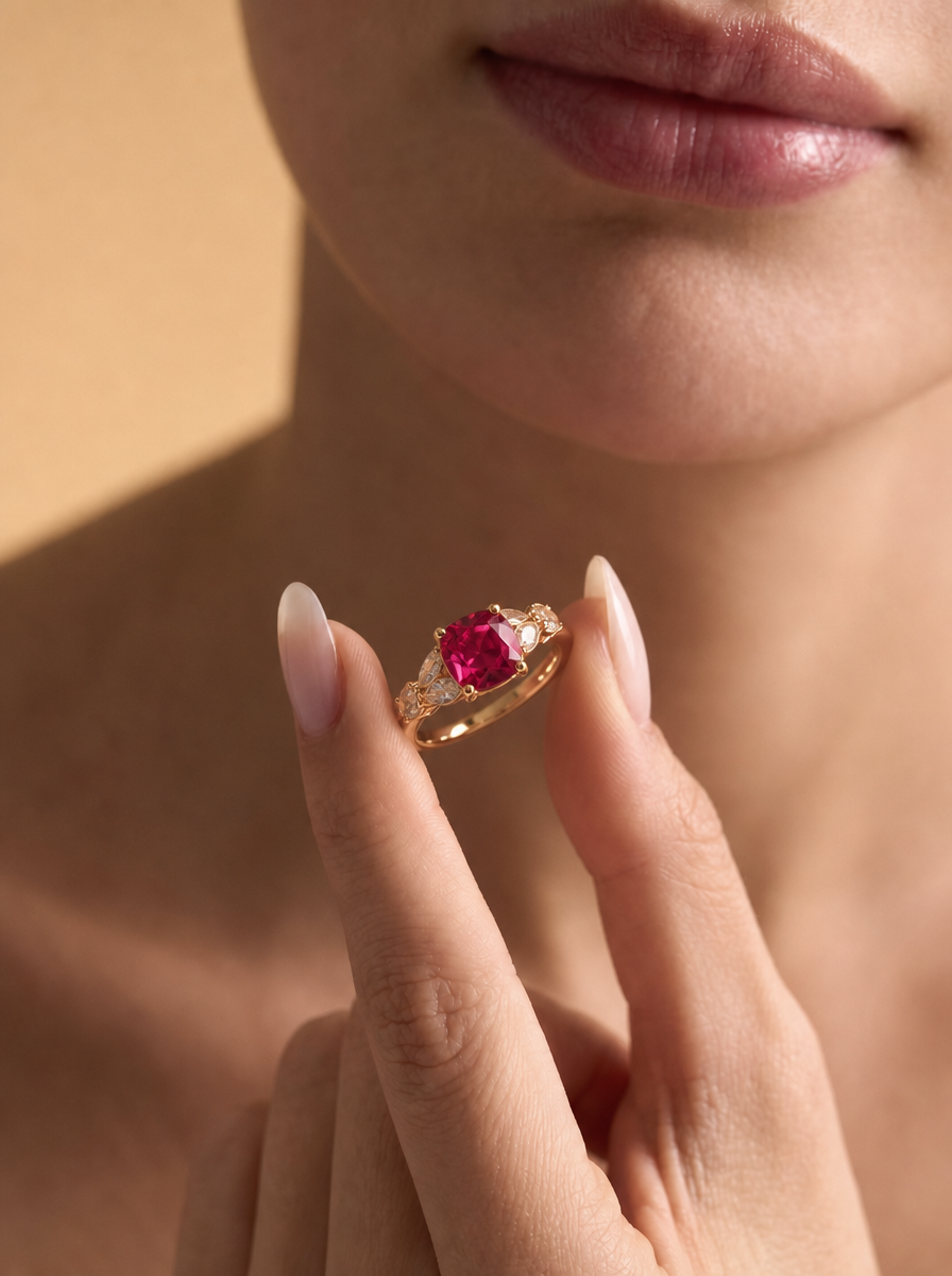 Cushion Brilliant Cut Ruby Ring - Scarlet Spray