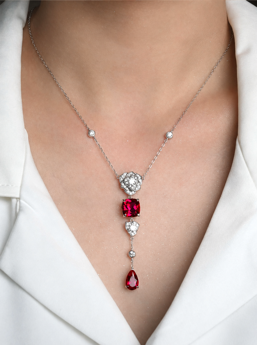 Square Emerald Brilliant Cut Ruby Necklace - Veil